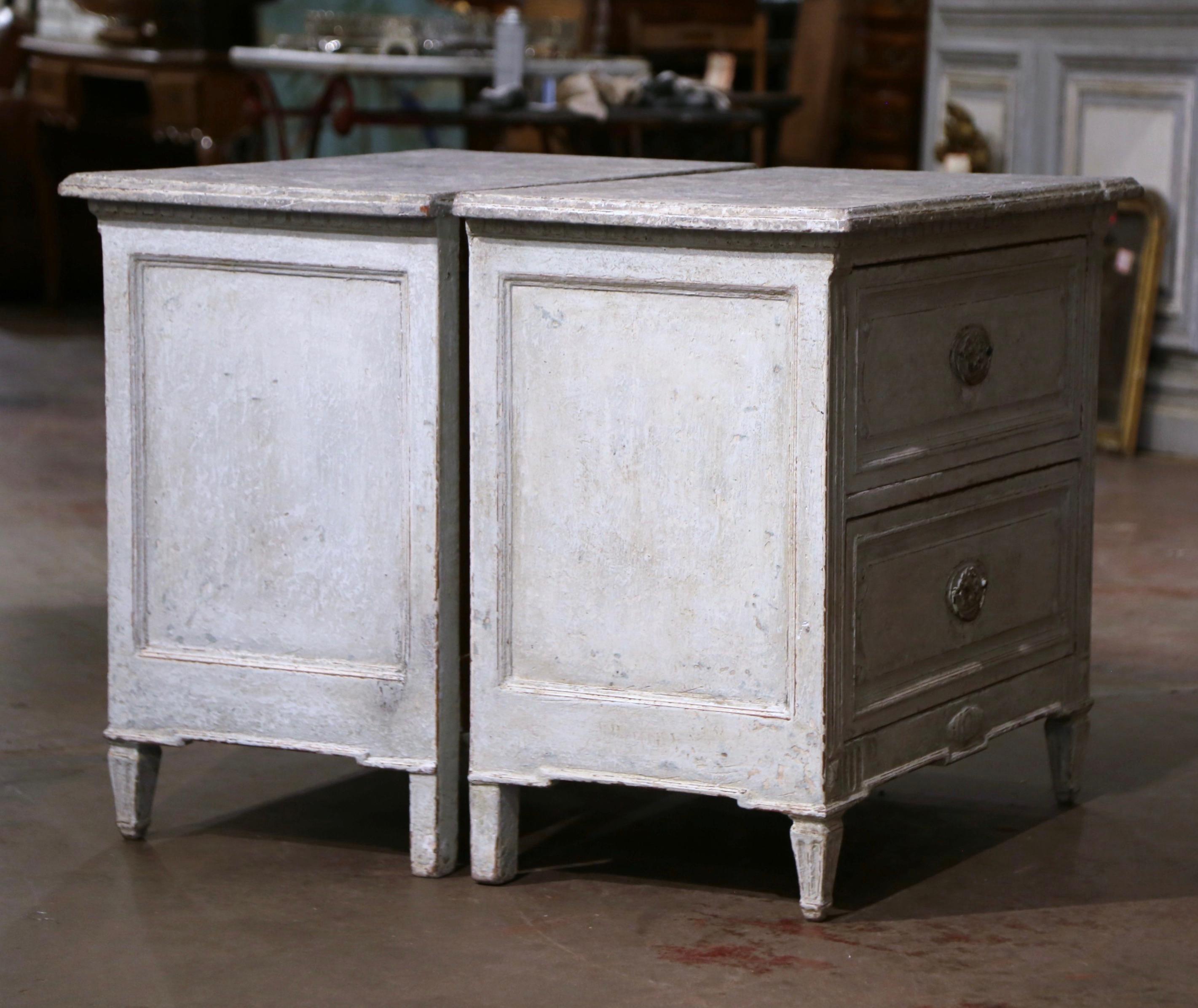 Pair of 19th Century French Louis XVI Hand Painted Two-Drawer Nightstands Chests 10