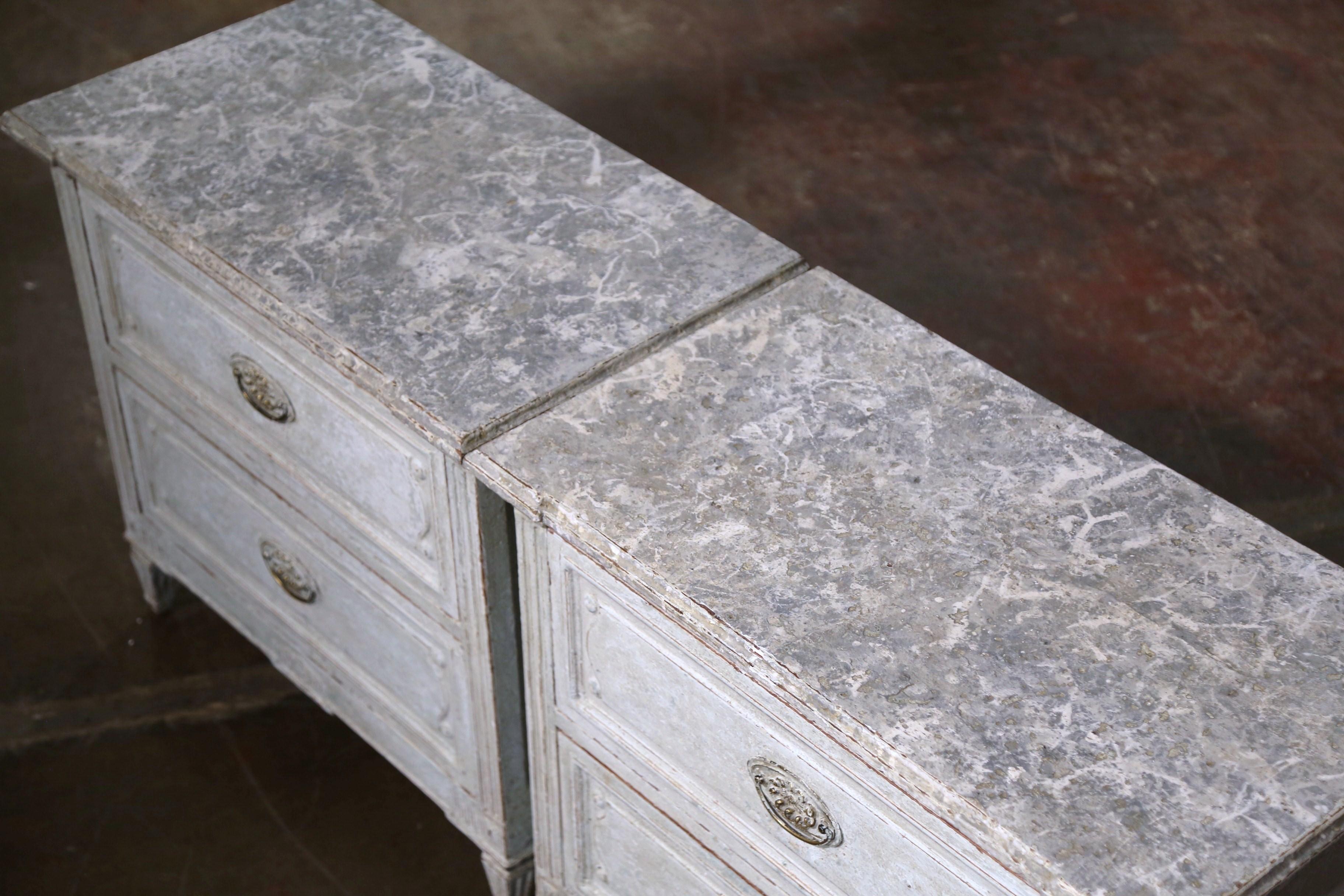 Hand-Carved Pair of 19th Century French Louis XVI Hand Painted Two-Drawer Nightstands Chests