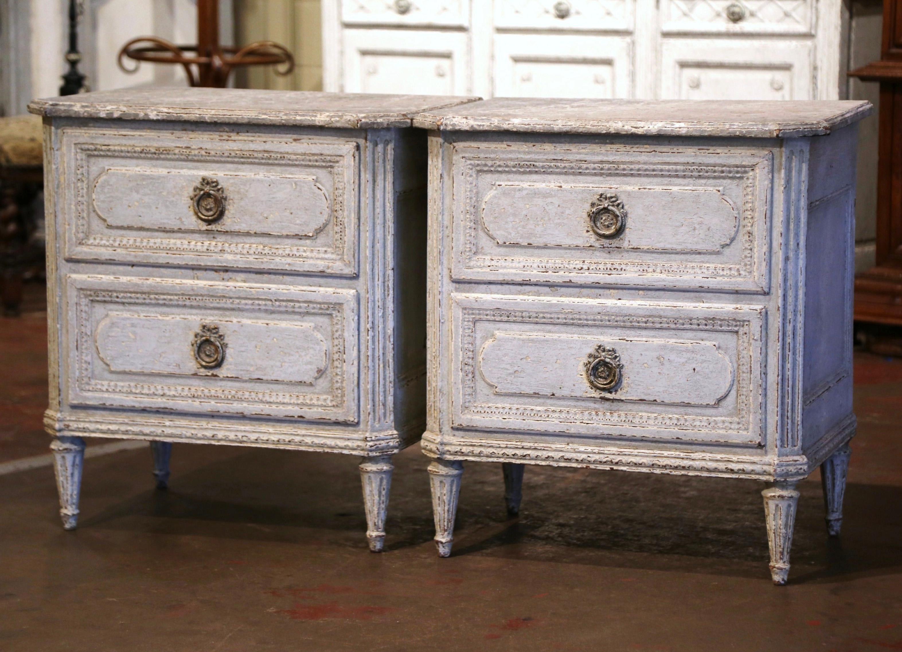 Pair of 19th Century French Louis XVI Hand Painted Two-Drawer Nightstands Chests In Excellent Condition In Dallas, TX