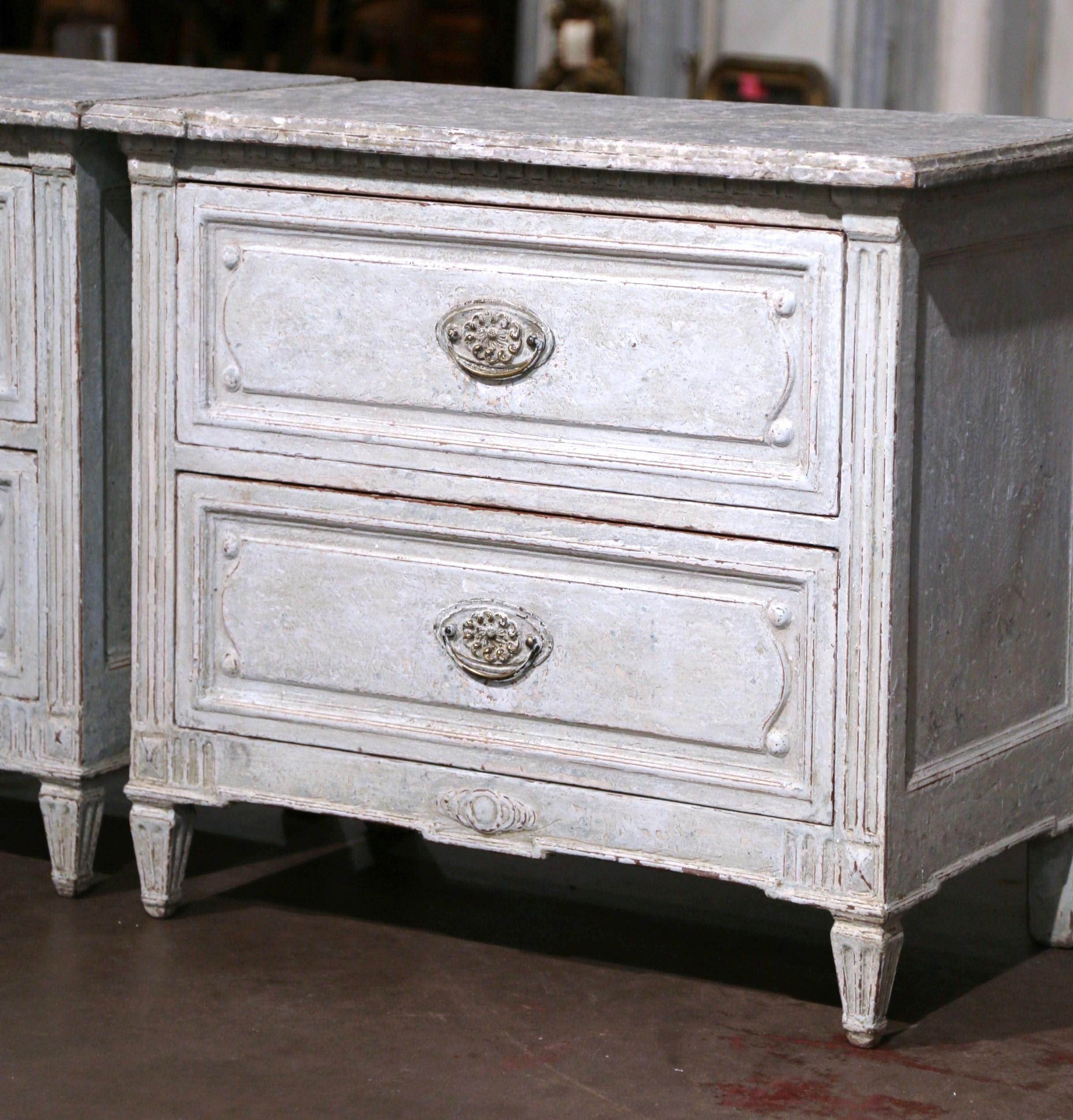 Wood Pair of 19th Century French Louis XVI Hand Painted Two-Drawer Nightstands Chests
