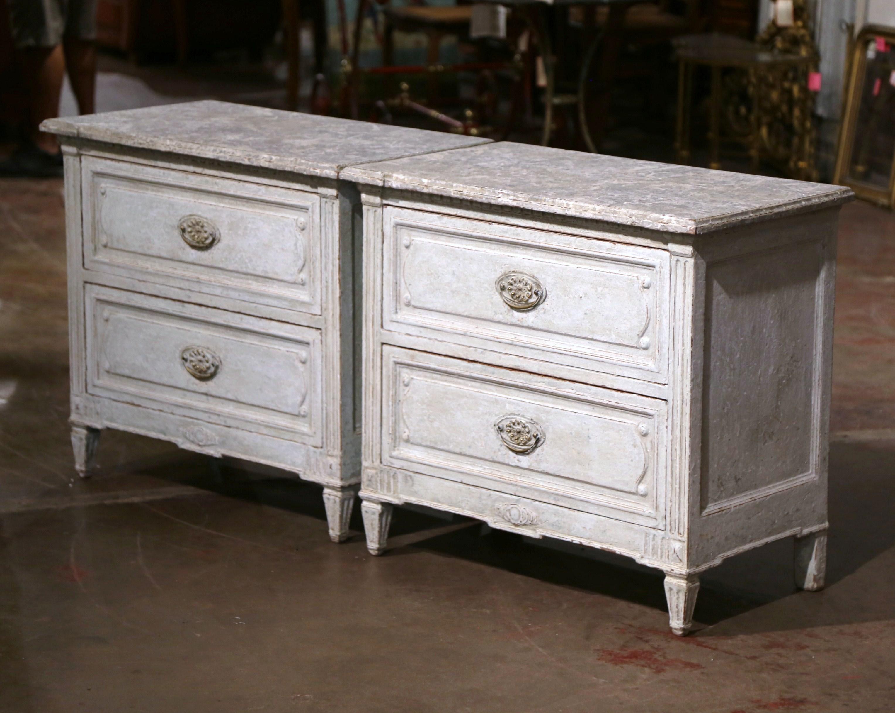 Pair of 19th Century French Louis XVI Hand Painted Two-Drawer Nightstands Chests 1