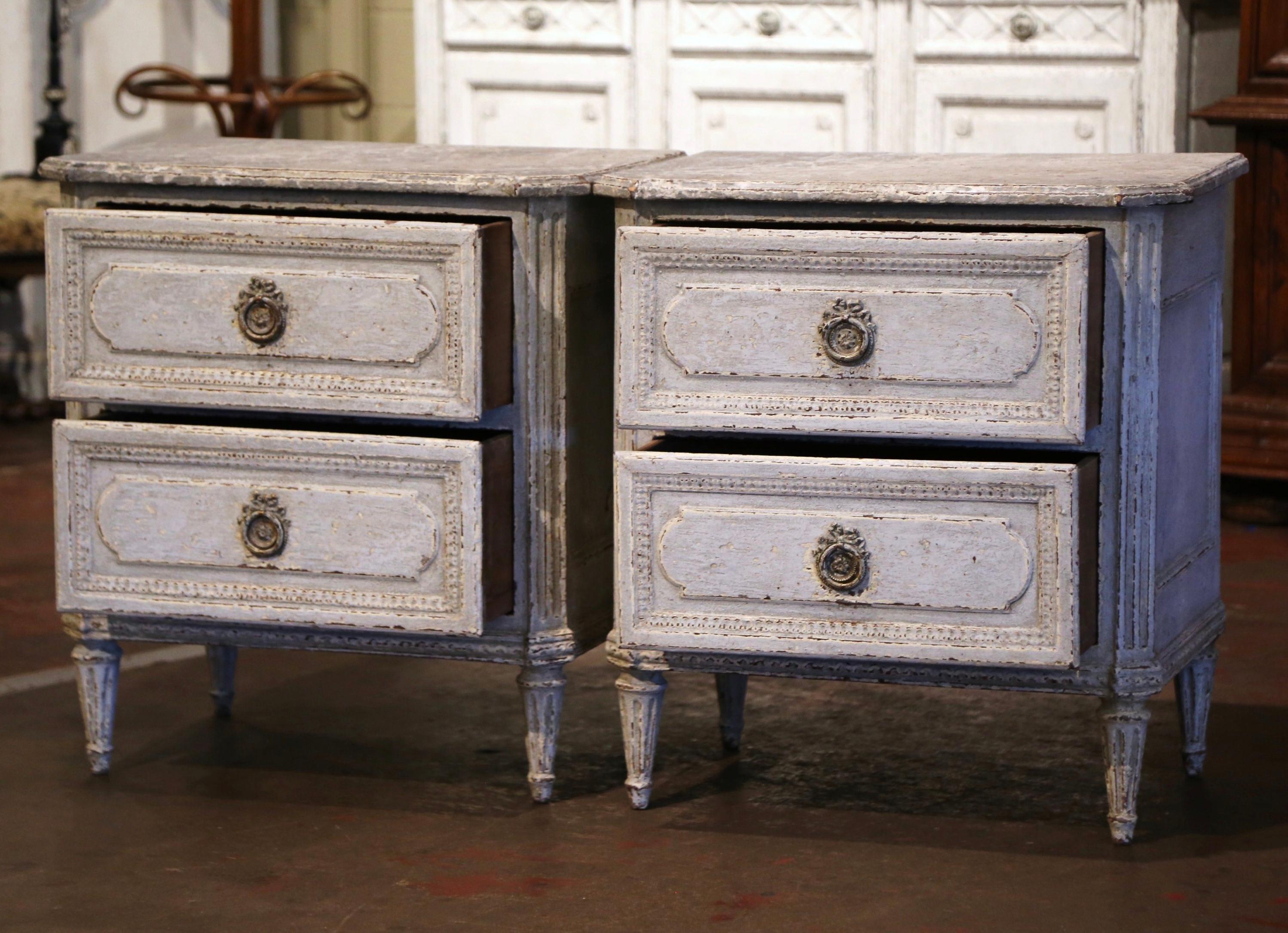Pair of 19th Century French Louis XVI Hand Painted Two-Drawer Nightstands Chests 1