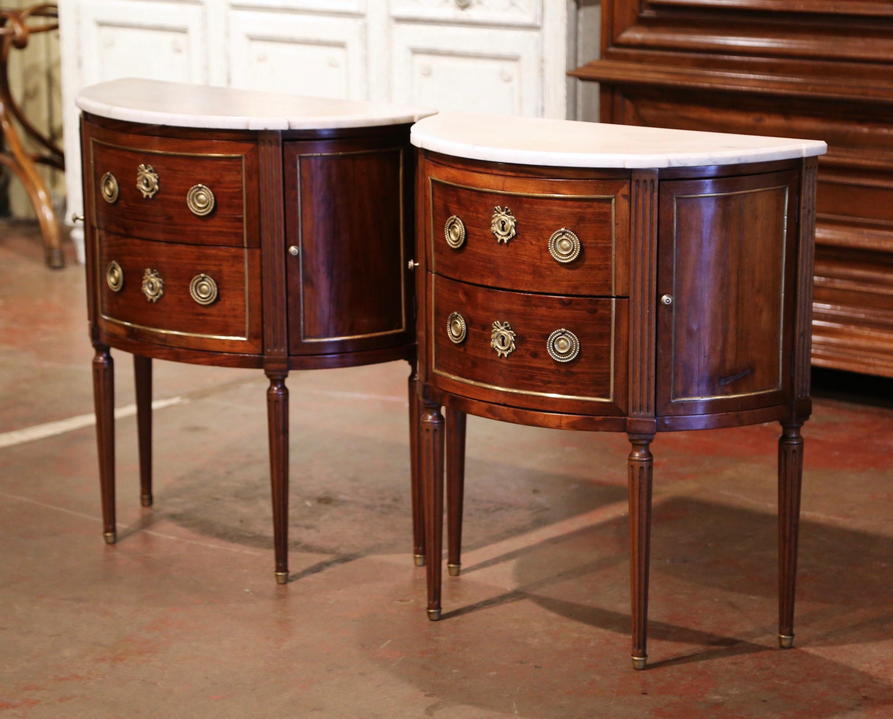 Hand-Carved Pair of 19th Century French Louis XVI Mahogany Demi-Lune Chests with Marble Top