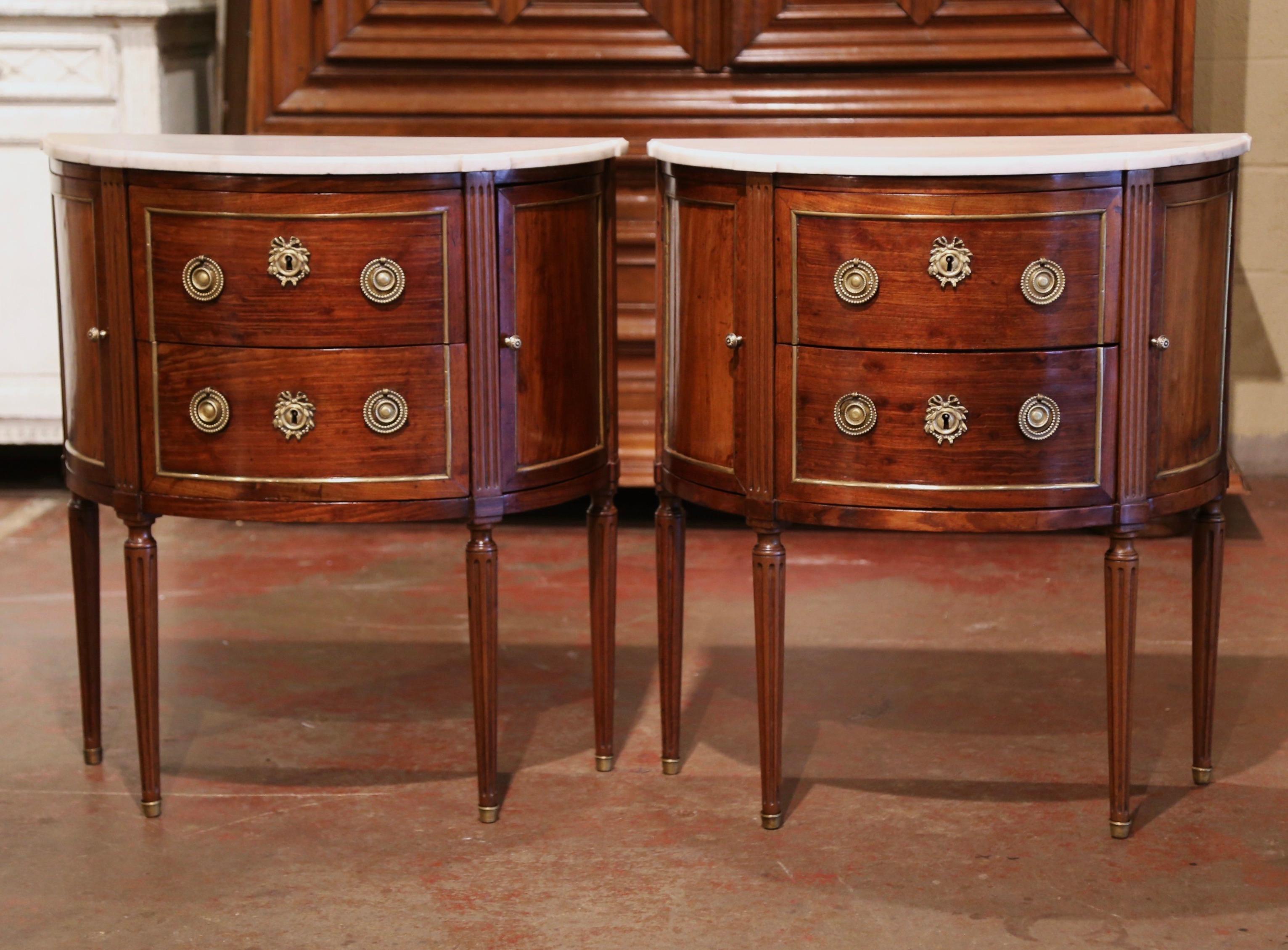 Pair of 19th Century French Louis XVI Mahogany Demi-Lune Chests with Marble Top 1