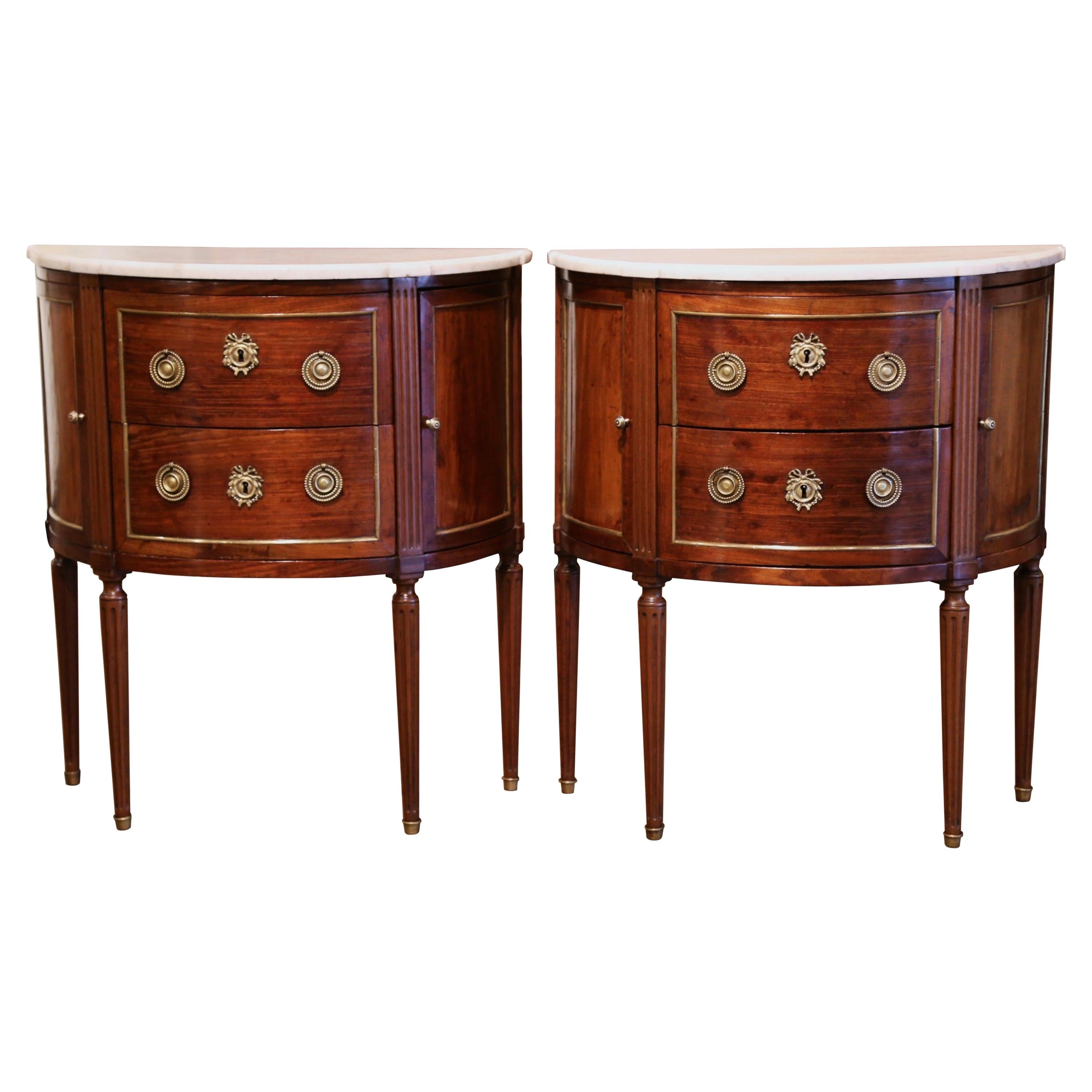 Pair of 19th Century French Louis XVI Mahogany Demi-Lune Chests with Marble Top