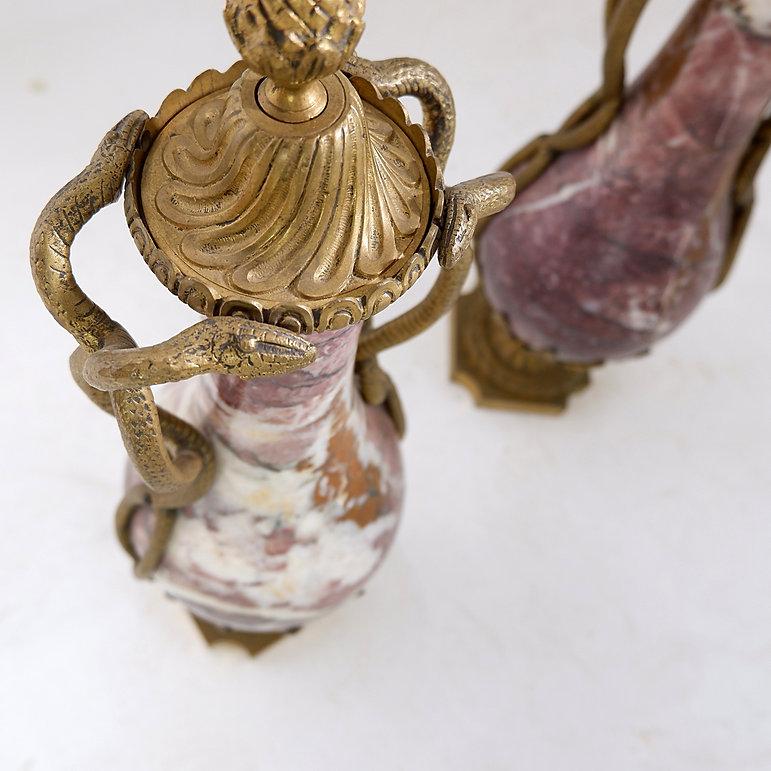 European Pair of 19th Century French Louis XVI Marble and Bronze Cassolettes For Sale