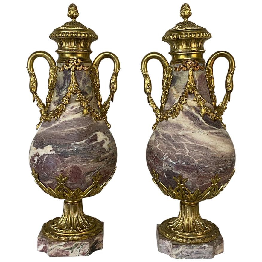 Pair of 19th Century French Louis XVI Marble and Bronze Cassolettes For Sale