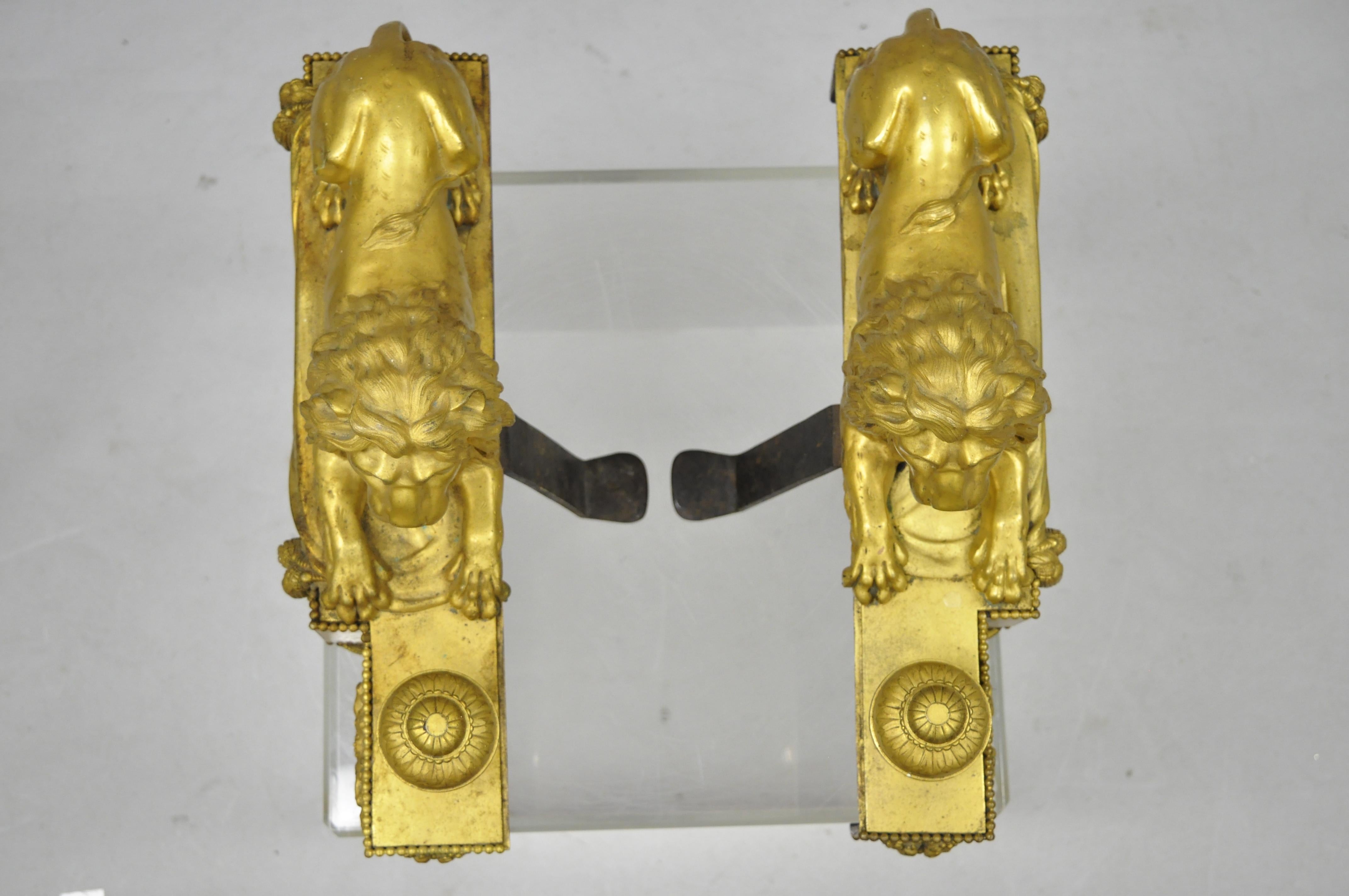 Pair of 19th Century French Louis XVI Neoclassical Gilt Bronze Lion Chenets 7