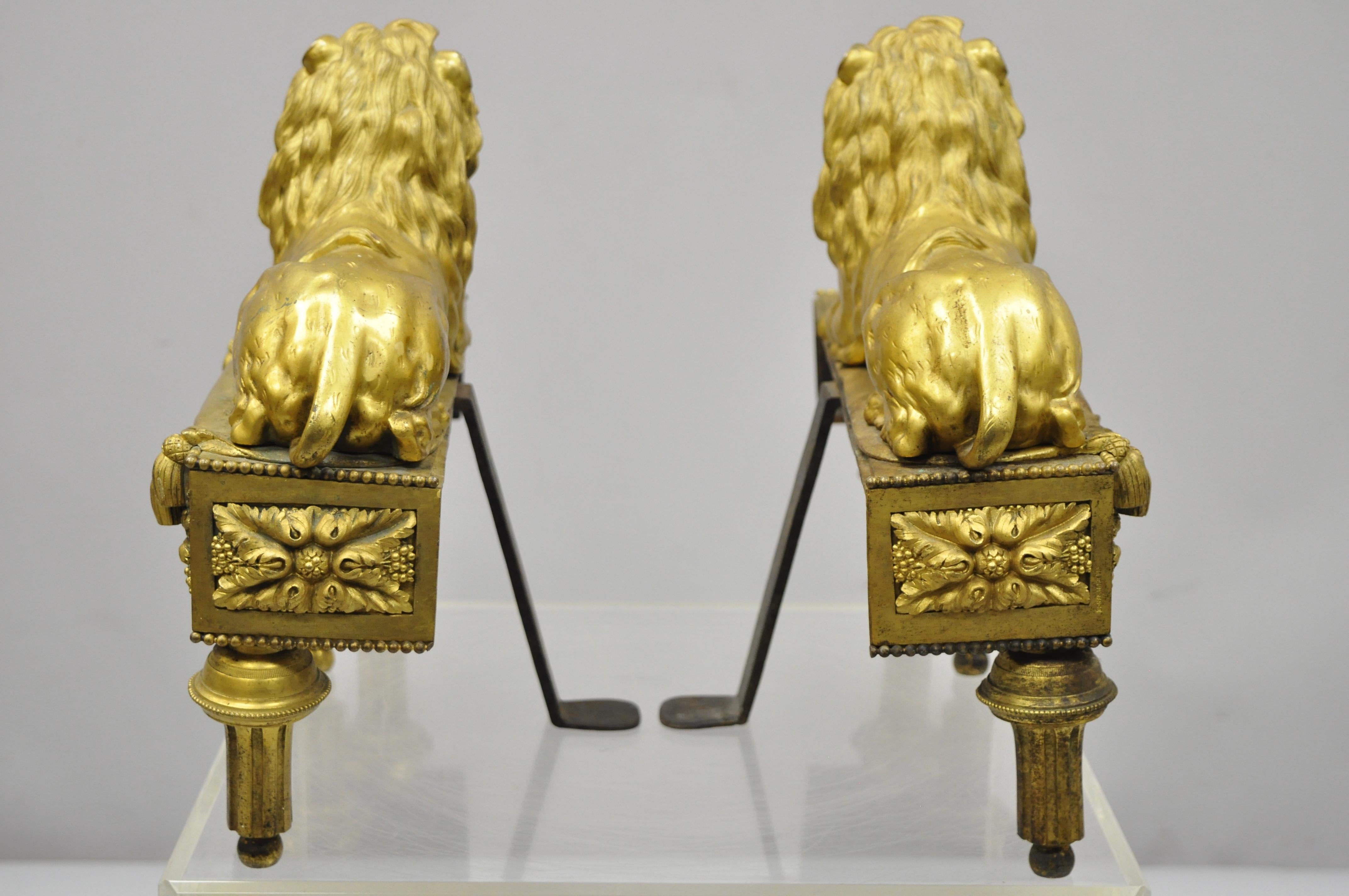 Pair of 19th Century French Louis XVI Neoclassical Gilt Bronze Lion Chenets 8