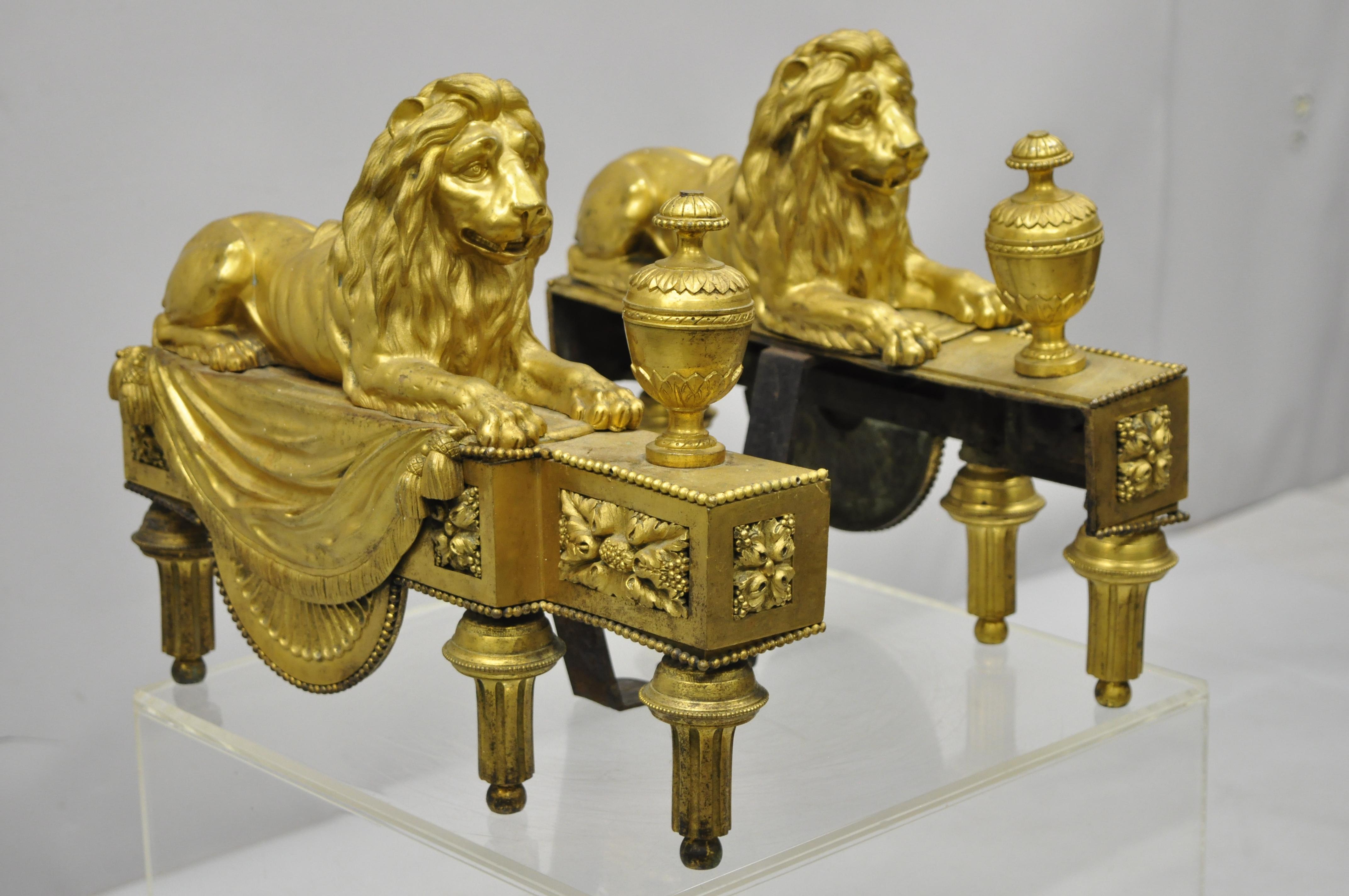 Pair of 19th Century French Louis XVI Neoclassical Gilt Bronze Lion Chenets 9