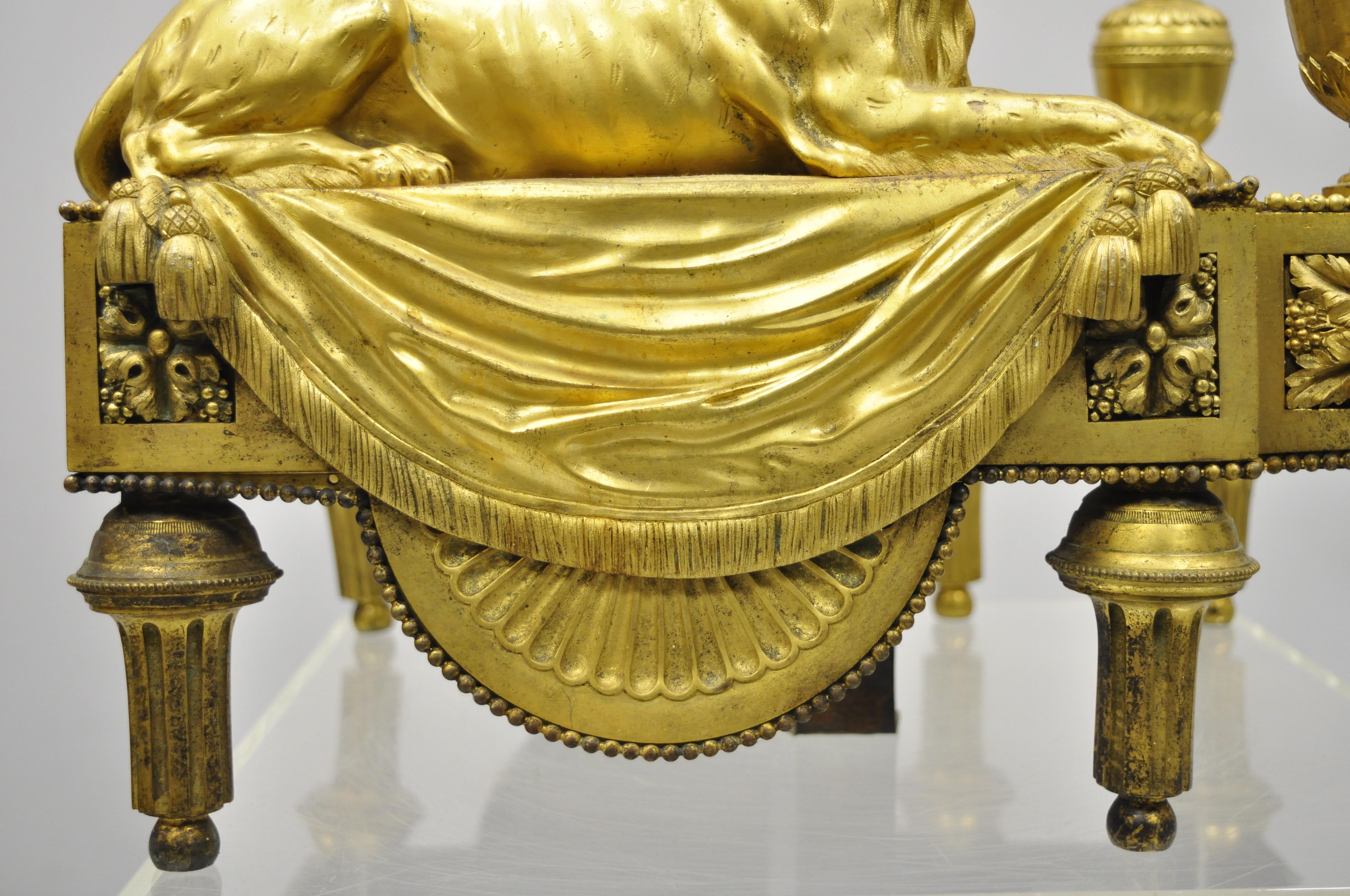Pair of 19th Century French Louis XVI Neoclassical Gilt Bronze Lion Chenets In Good Condition In Philadelphia, PA
