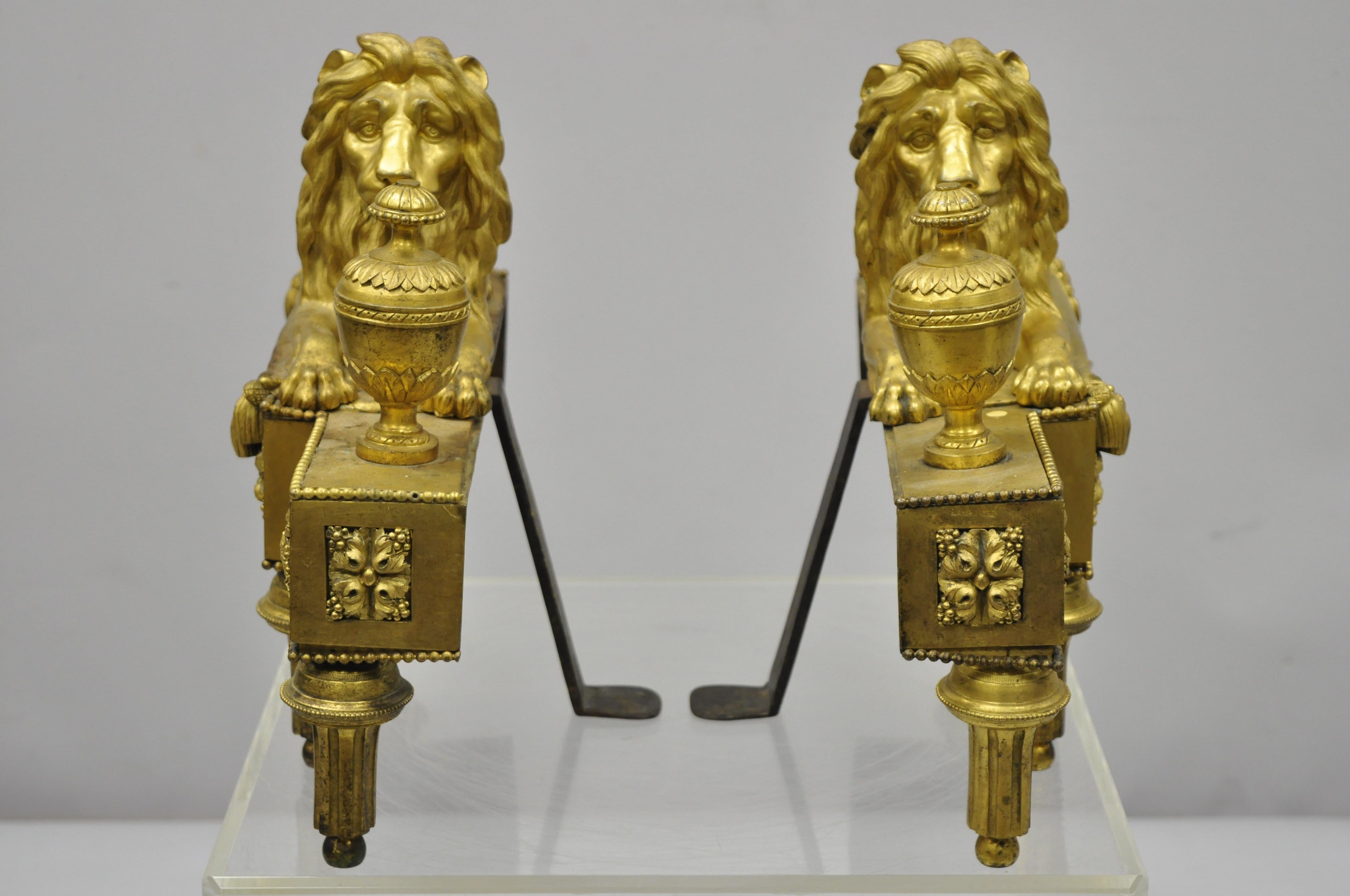 Pair of 19th Century French Louis XVI Neoclassical Gilt Bronze Lion Chenets 1