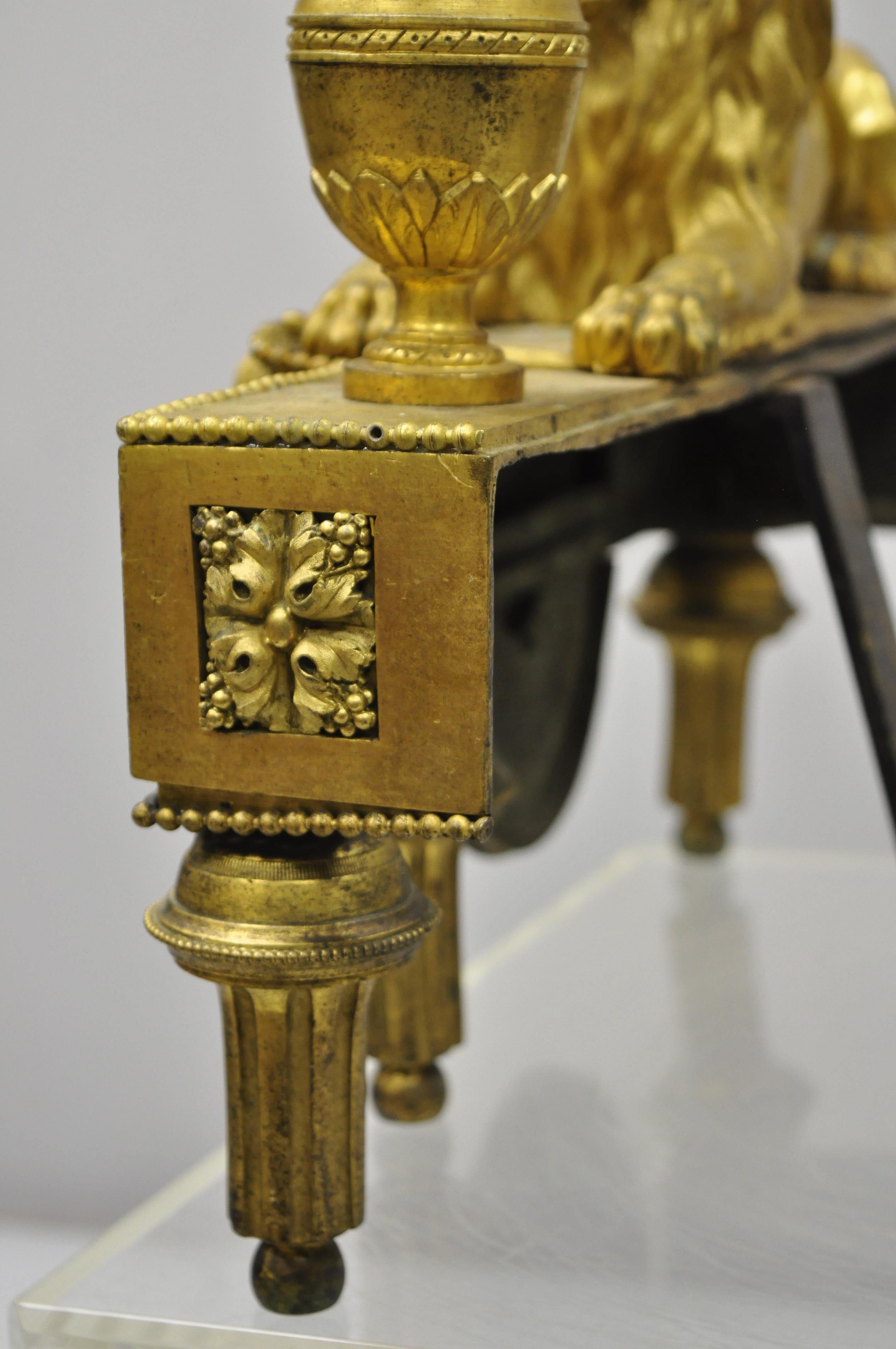 Pair of 19th Century French Louis XVI Neoclassical Gilt Bronze Lion Chenets 2