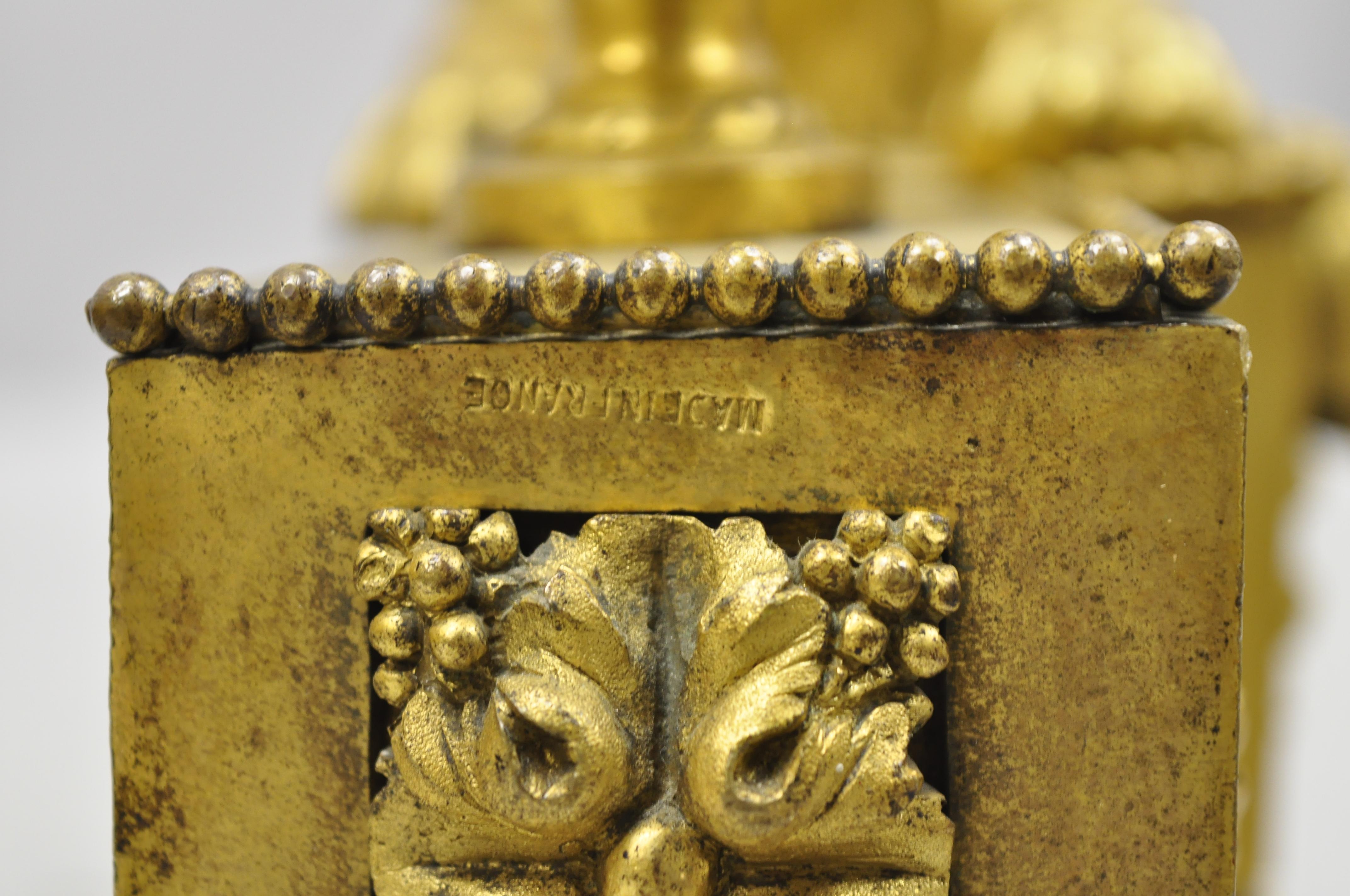 Pair of 19th Century French Louis XVI Neoclassical Gilt Bronze Lion Chenets 3