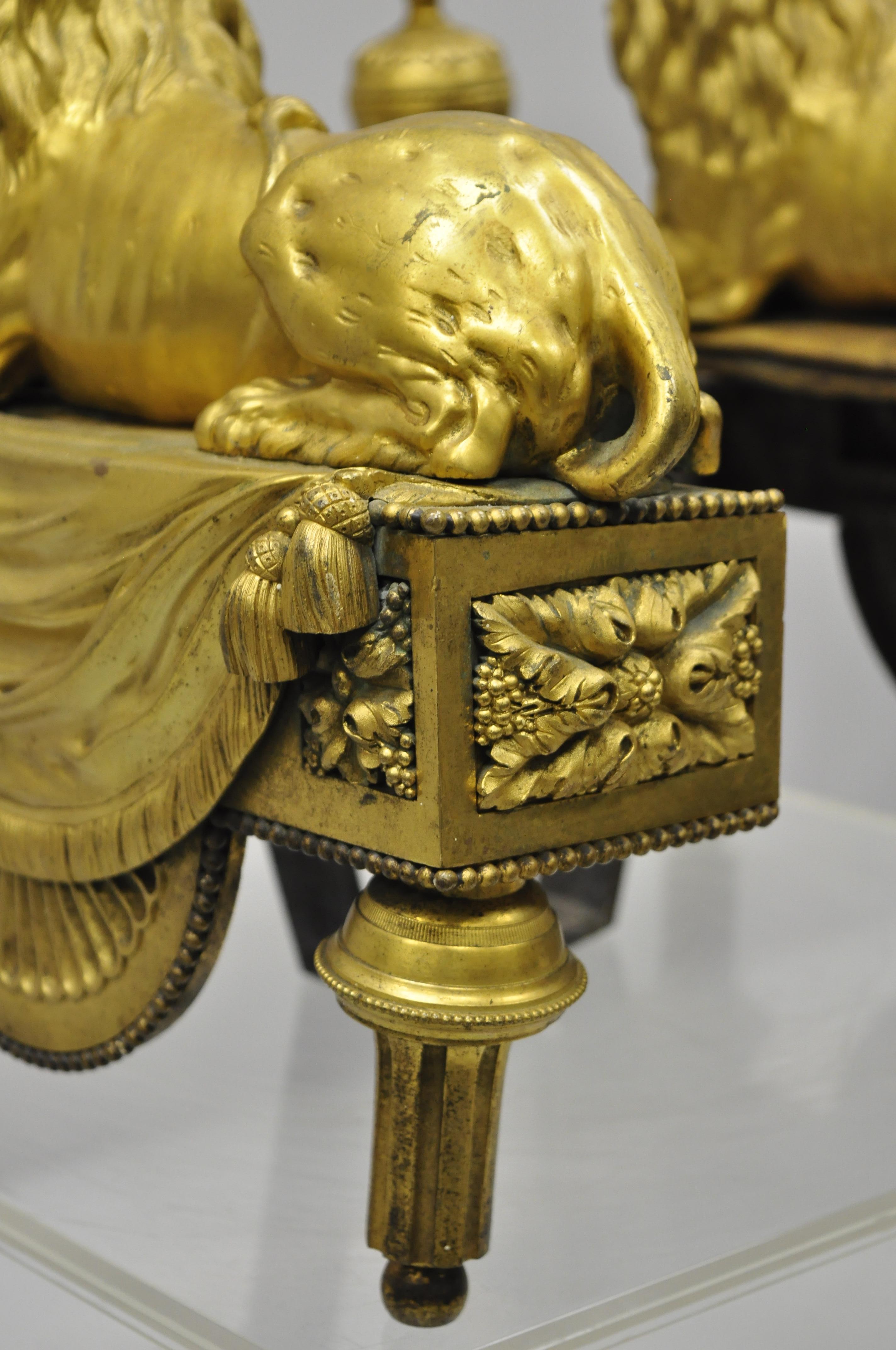 Pair of 19th Century French Louis XVI Neoclassical Gilt Bronze Lion Chenets 4