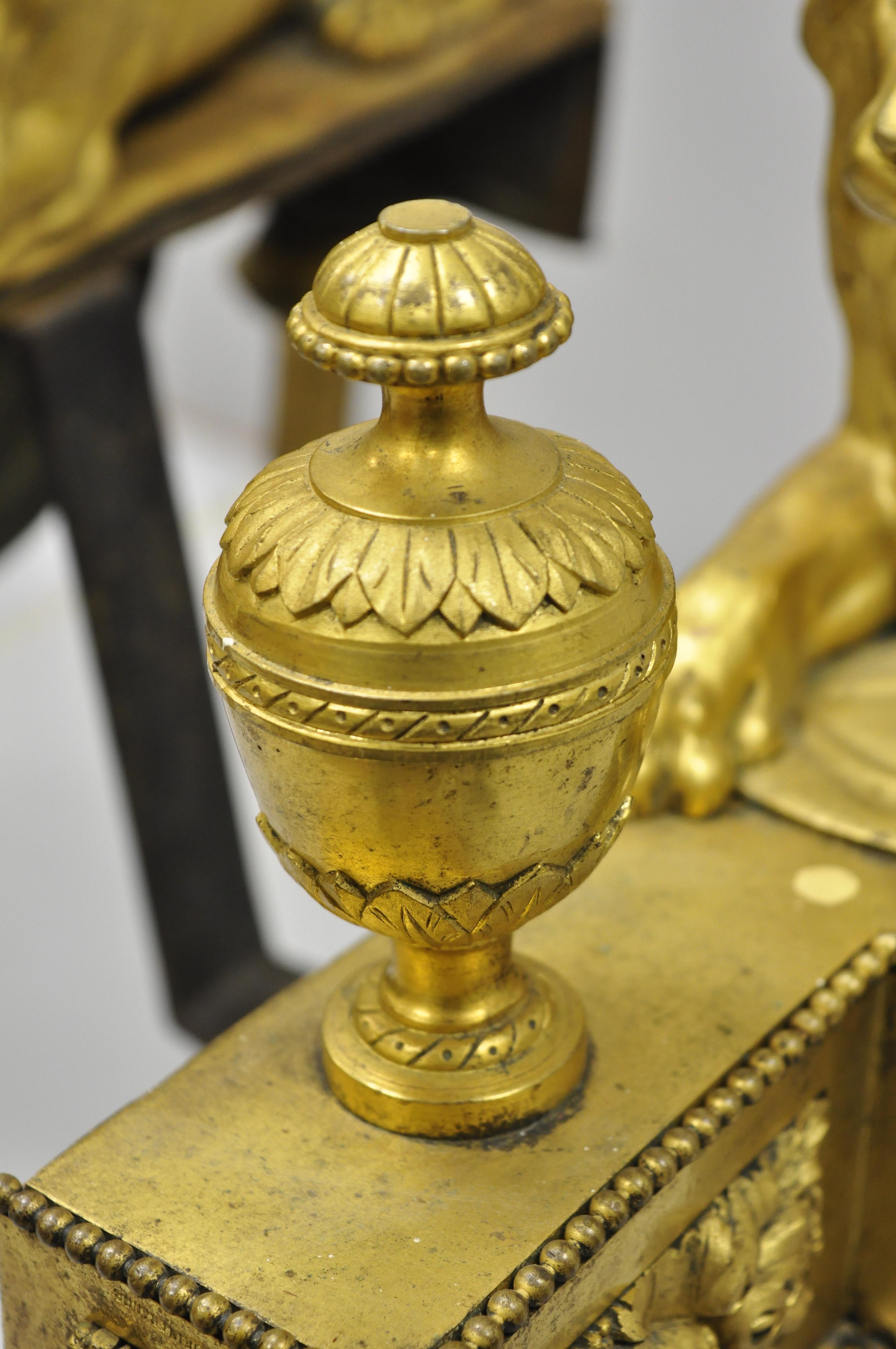 Pair of 19th Century French Louis XVI Neoclassical Gilt Bronze Lion Chenets 5