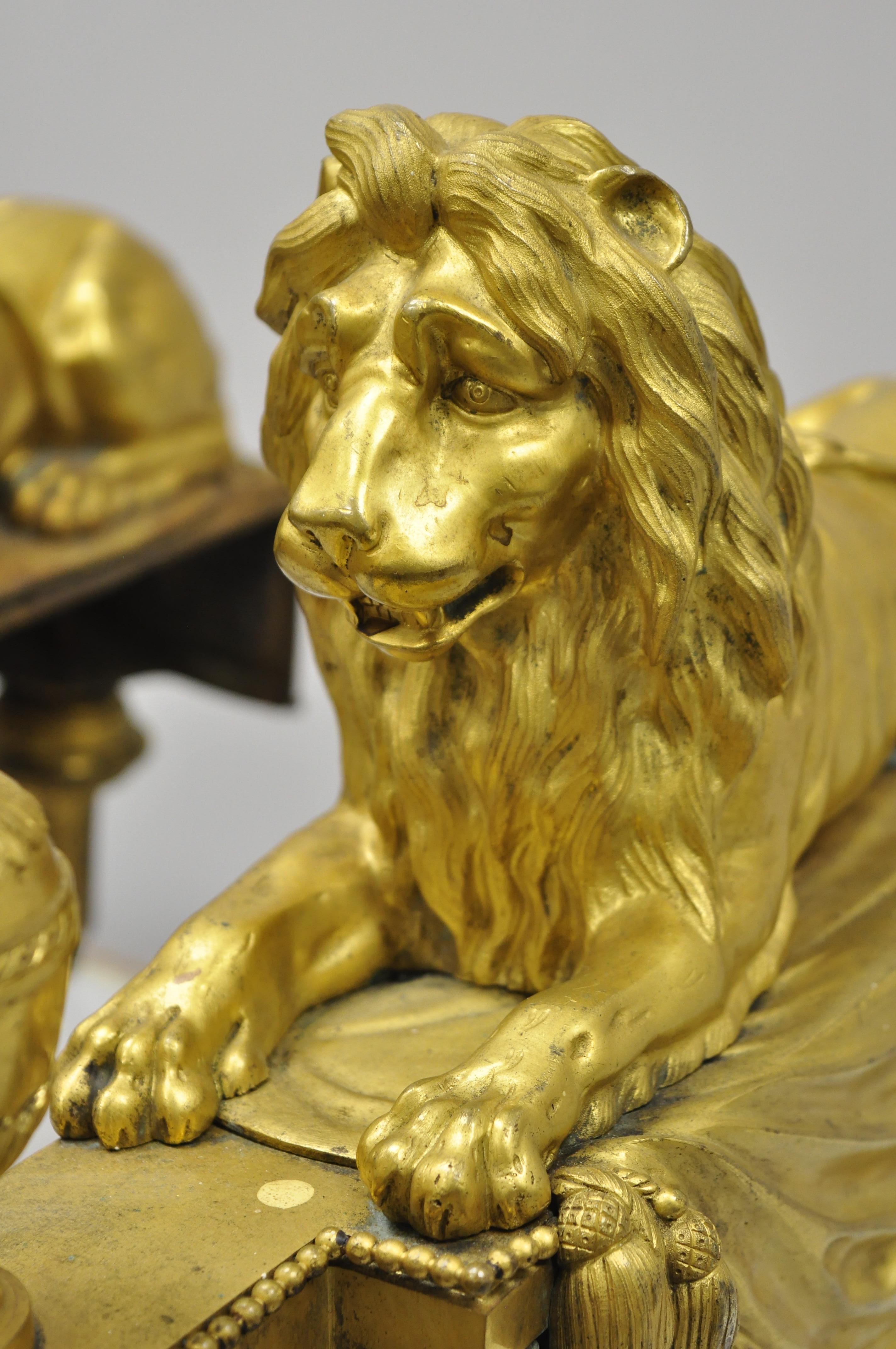 Pair of 19th Century French Louis XVI Neoclassical Gilt Bronze Lion Chenets 6