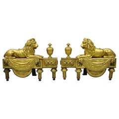 Pair of 19th Century French Louis XVI Neoclassical Gilt Bronze Lion Chenets
