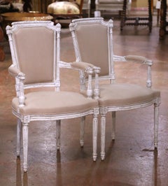 Pair of 19th Century French Louis XVI Painted Armchairs with Upholstered Seats