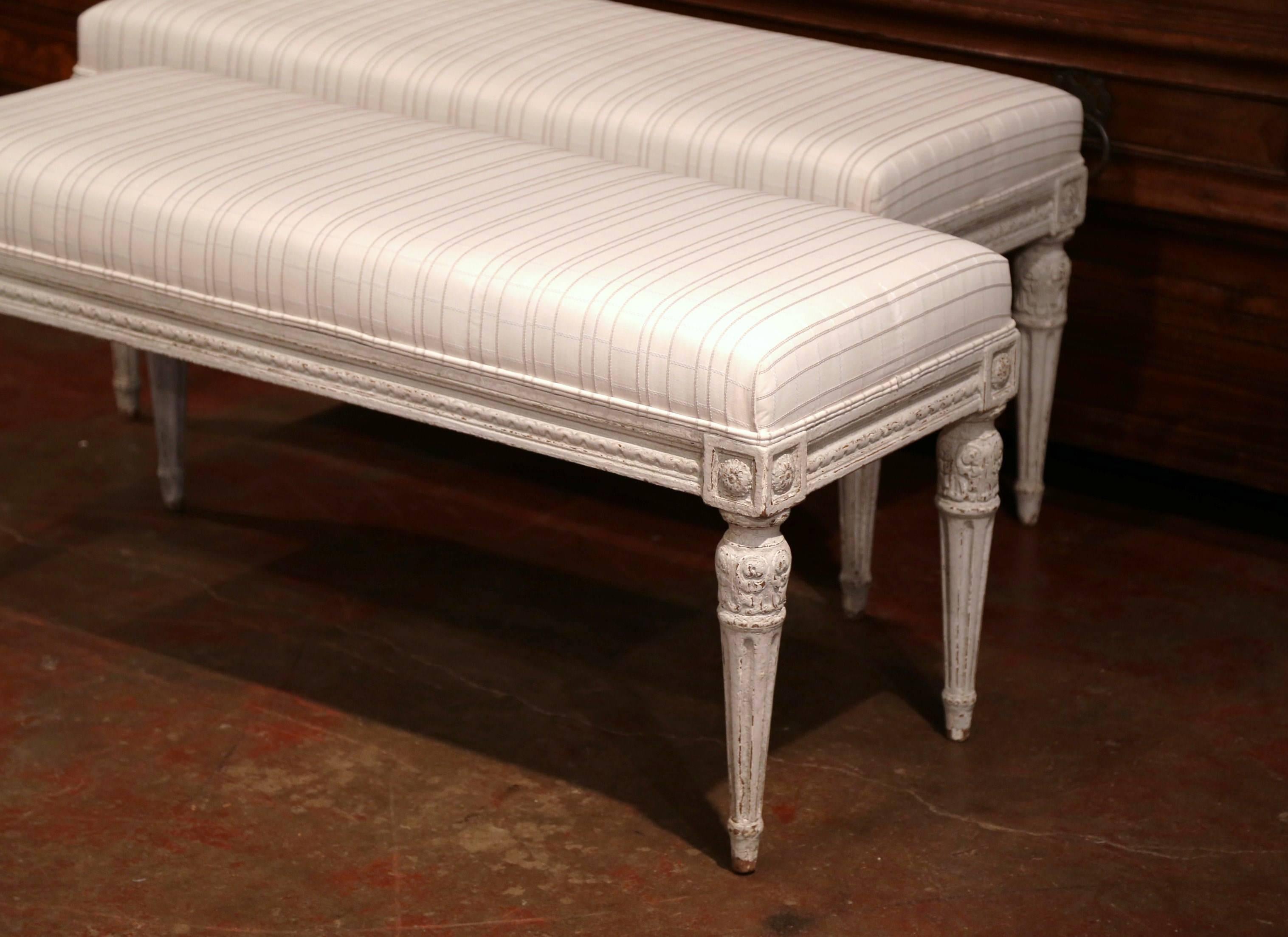 Patinated Pair of 19th Century French Louis XVI Painted Benches with Stripe Beige Toile