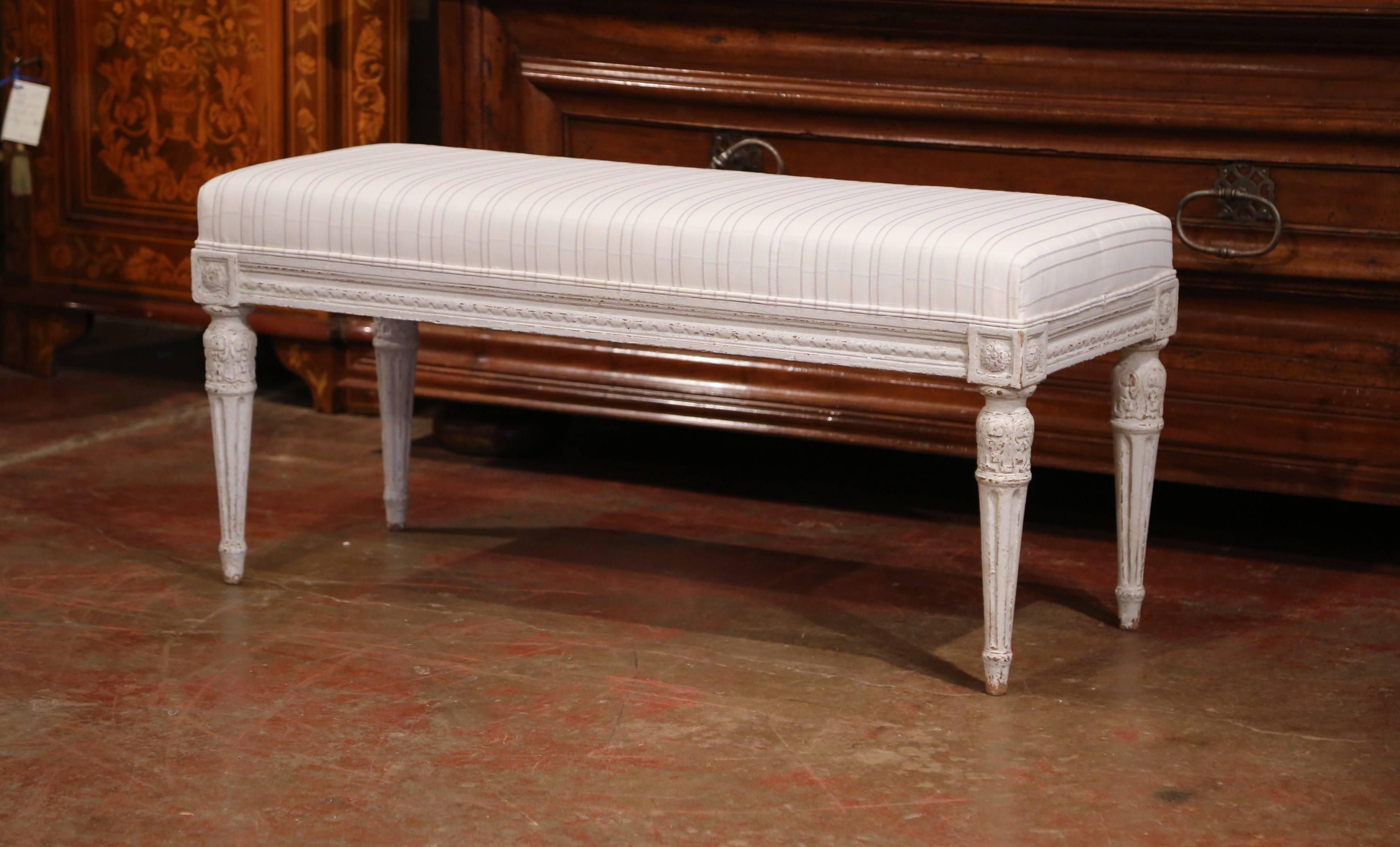 Pair of 19th Century French Louis XVI Painted Benches with Stripe Beige Toile In Excellent Condition In Dallas, TX