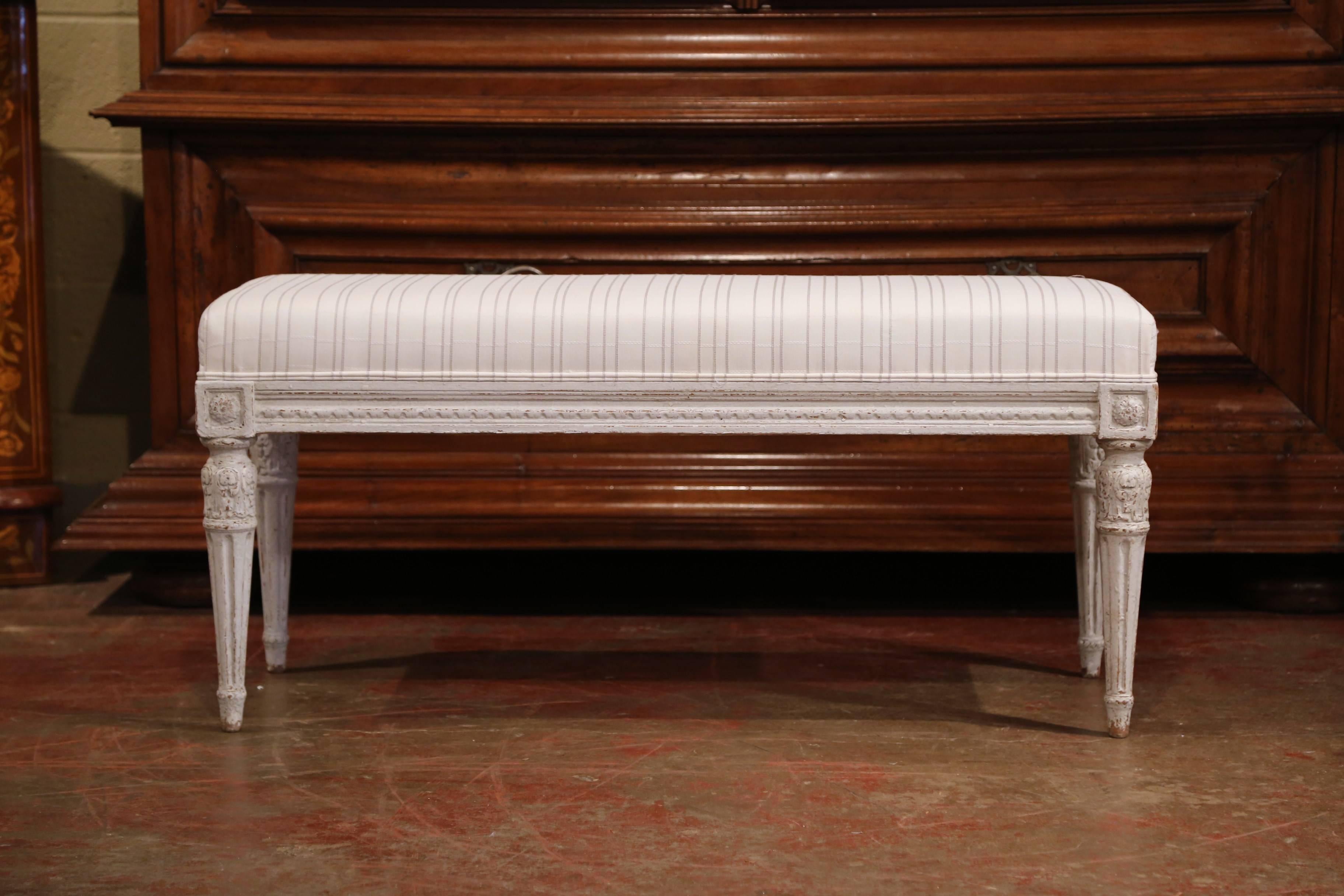 Pair of 19th Century French Louis XVI Painted Benches with Stripe Beige Toile 1