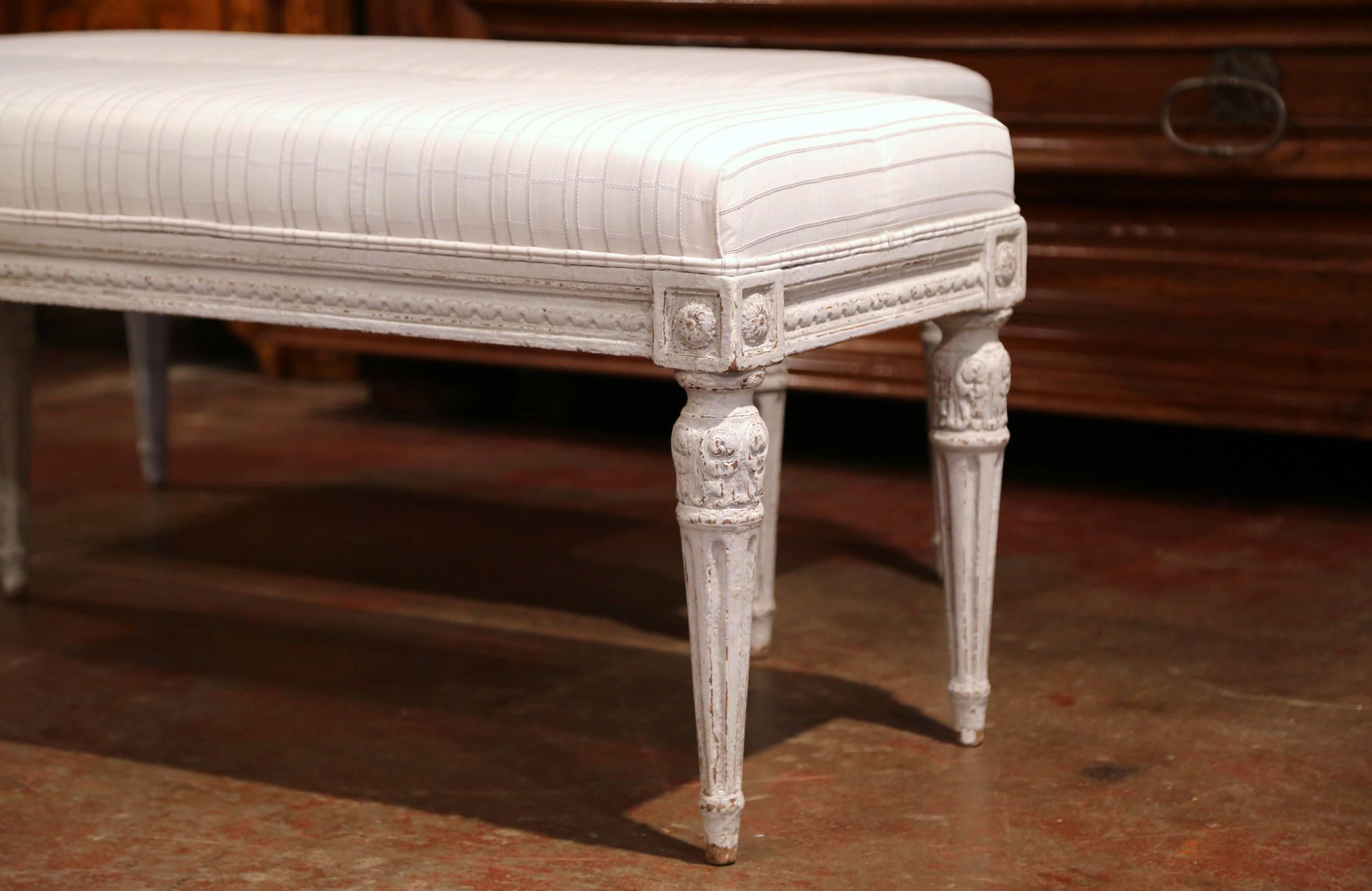 Pair of 19th Century French Louis XVI Painted Benches with Stripe Beige Toile 2