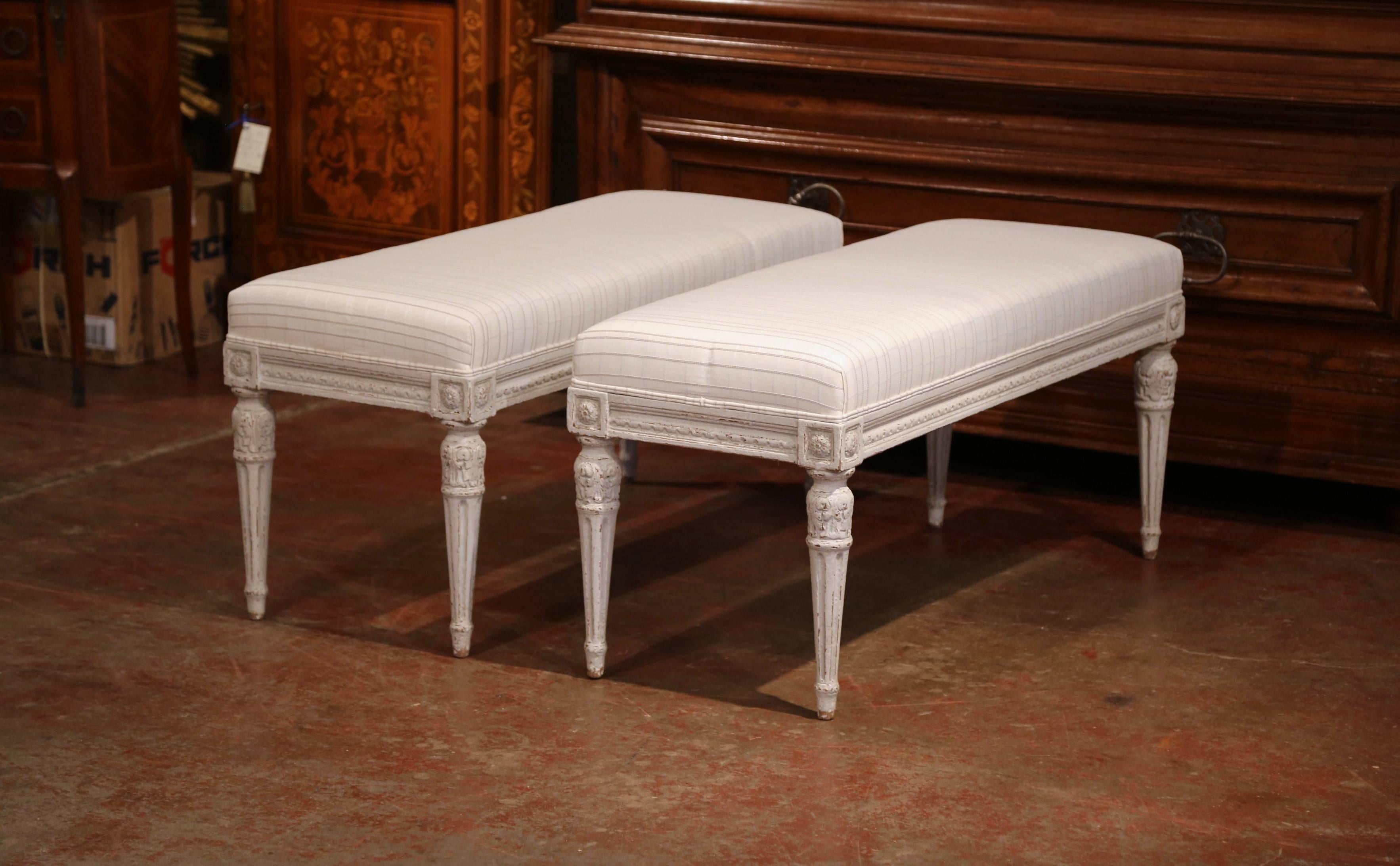 Pair of 19th Century French Louis XVI Painted Benches with Stripe Beige Toile 3
