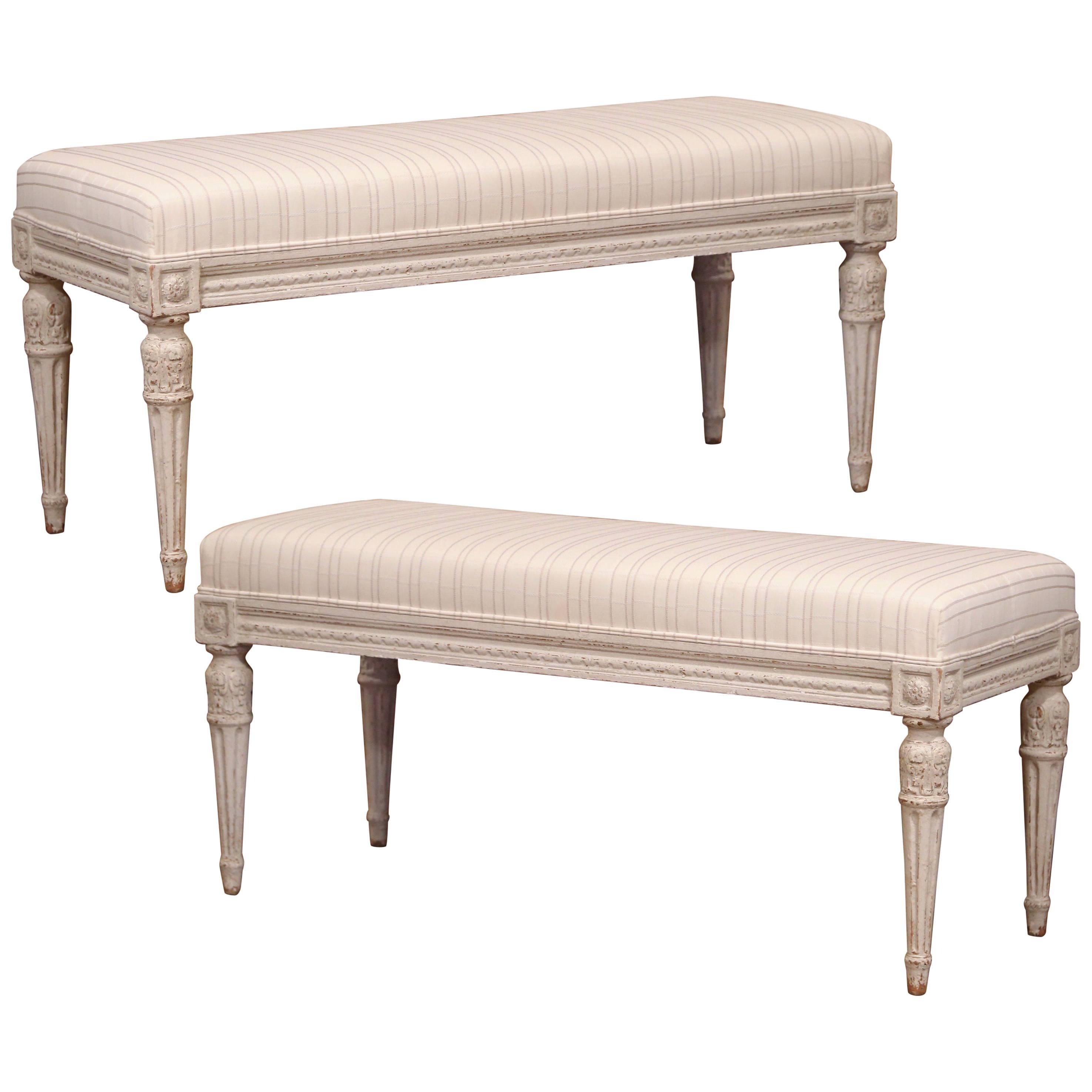 Pair of 19th Century French Louis XVI Painted Benches with Stripe Beige Toile