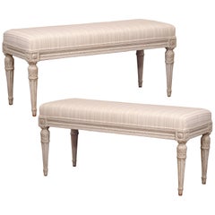 Pair of 19th Century French Louis XVI Painted Benches with Stripe Beige Toile