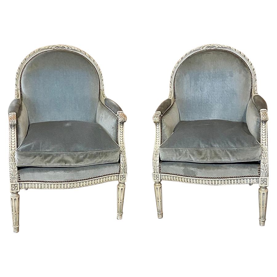 Pair of 19th Century French Louis XVI Painted Bergères, Armchairs