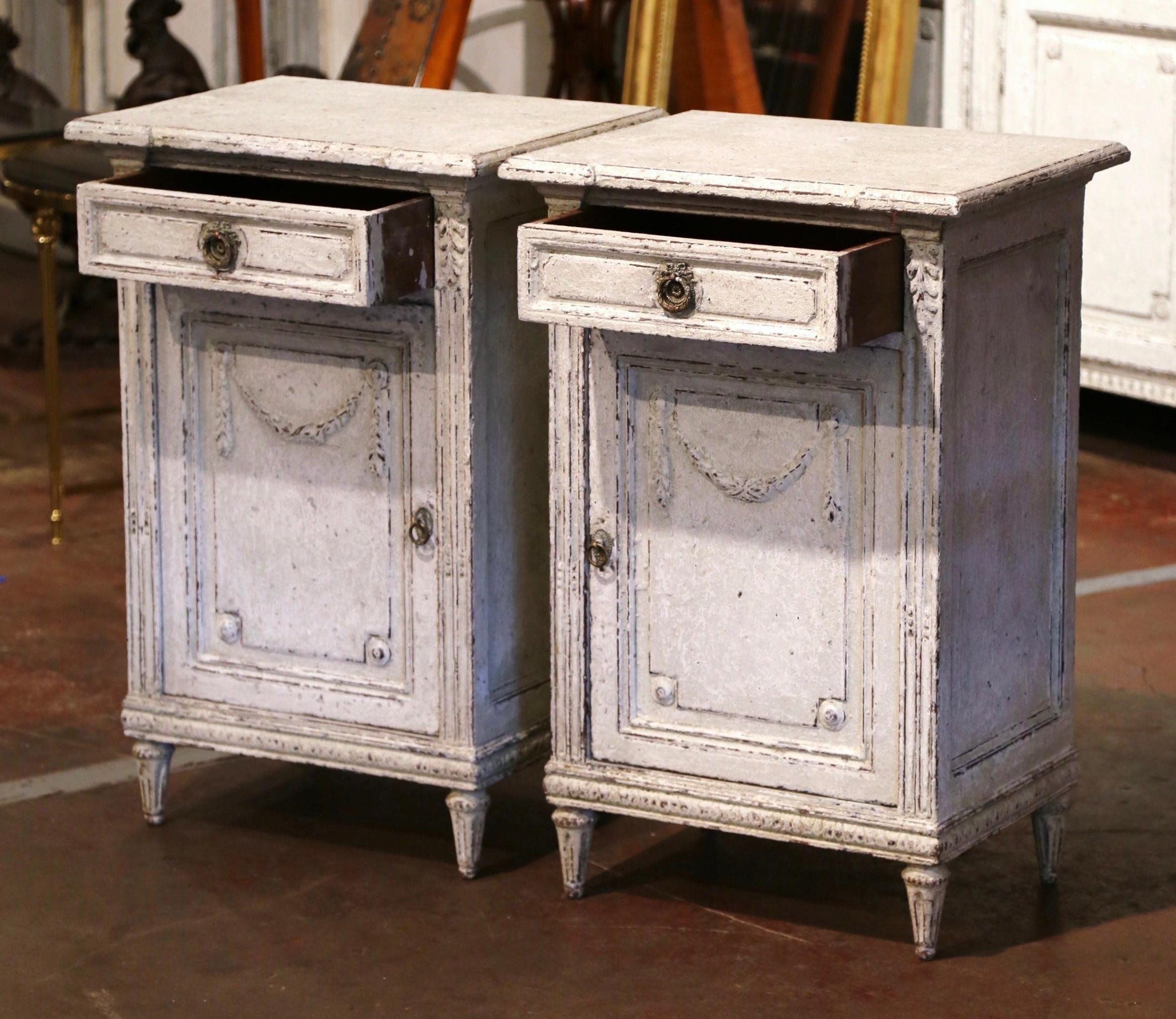 Wood Pair of 19th Century French Louis XVI Painted Nightstands Bedside Tables
