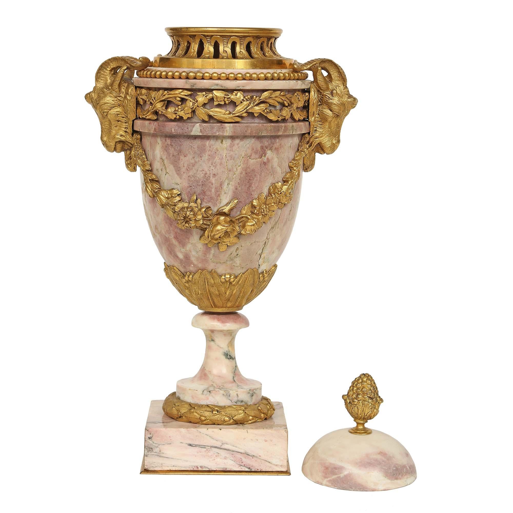 Ormolu Pair of 19th Century French Louis XVI St. Bréche Violette Marble Cassolettes For Sale