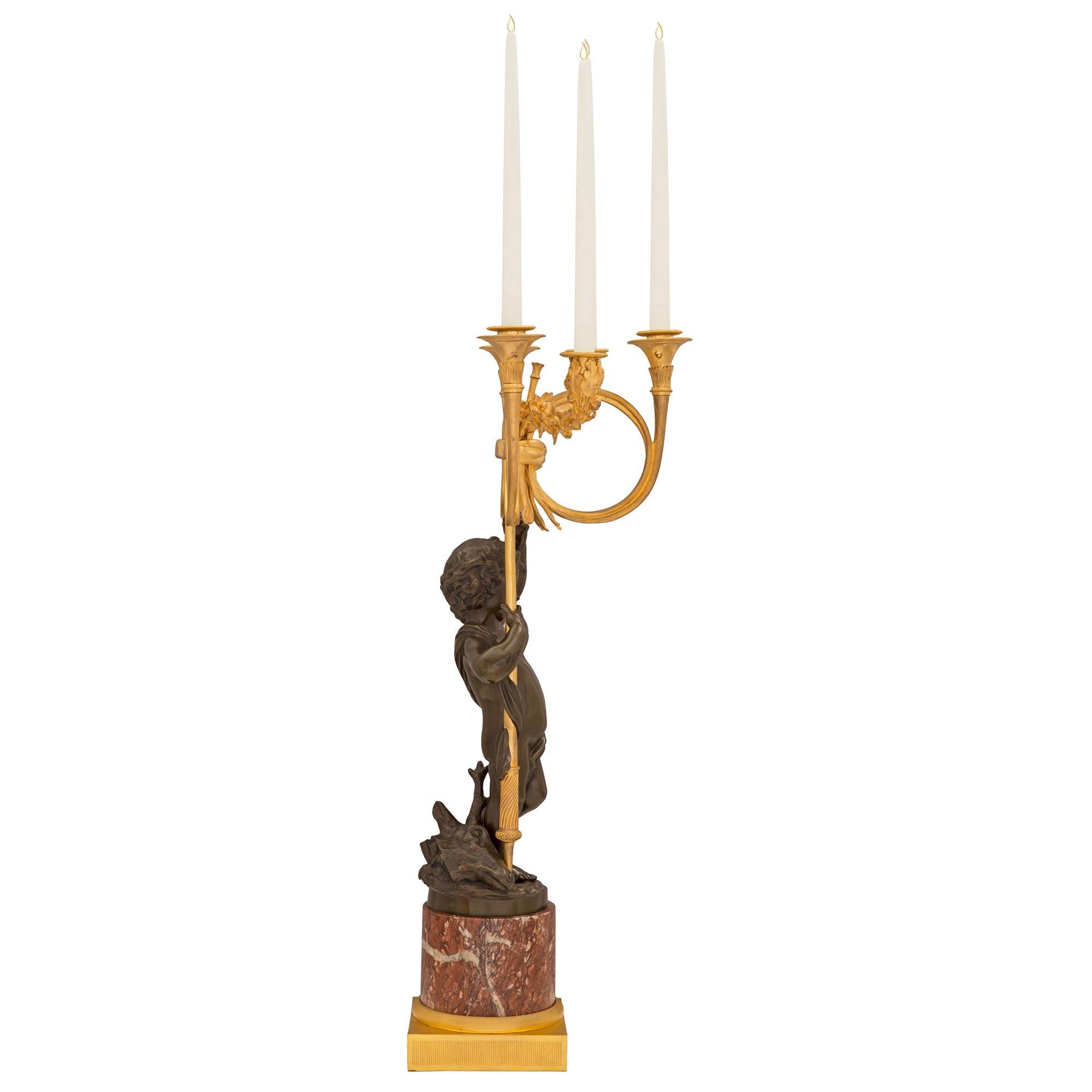 Pair of 19th Century French Louis XVI St. Bronze, Marble, and Ormolu Candelabras In Good Condition For Sale In West Palm Beach, FL
