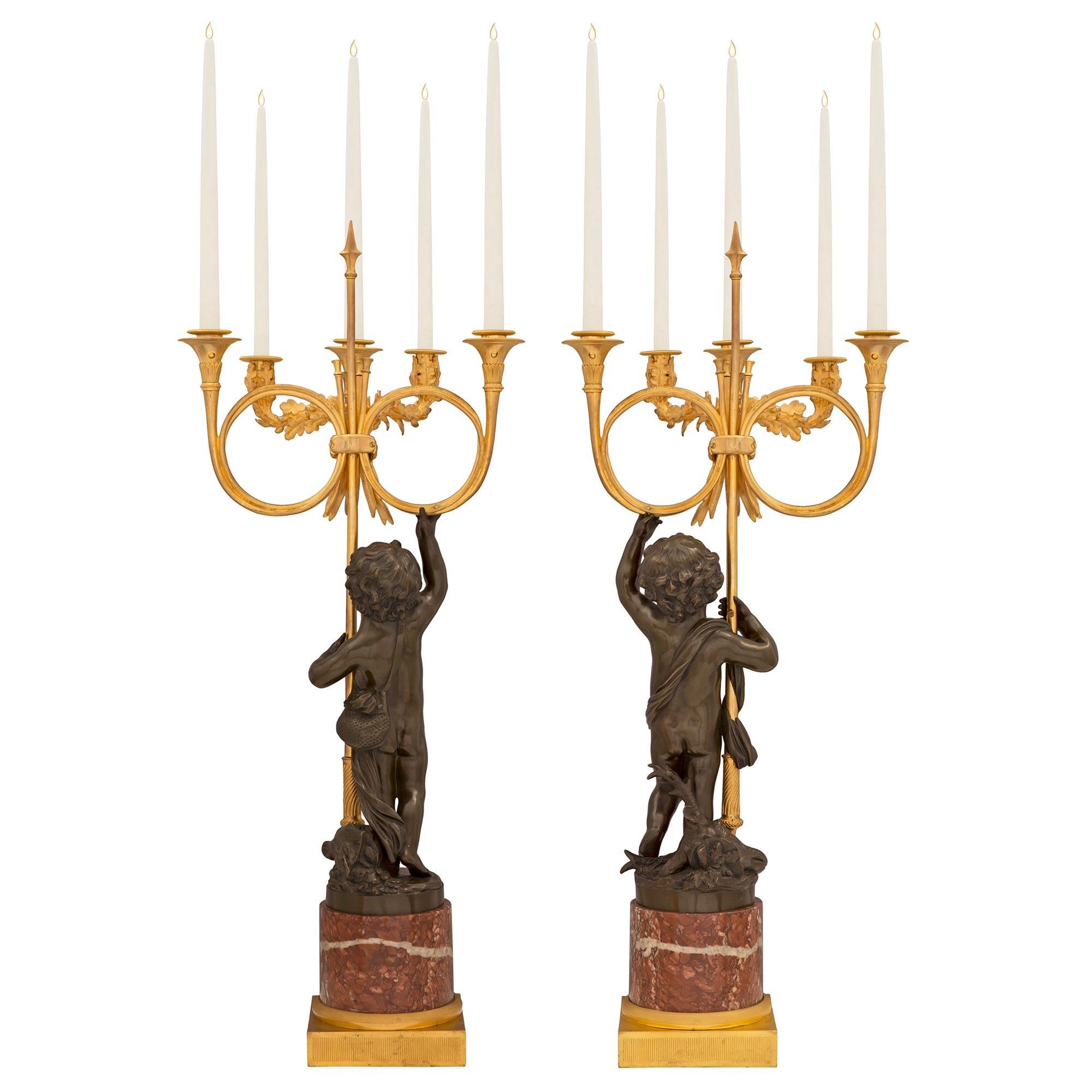 Pair of 19th Century French Louis XVI St. Bronze, Marble, and Ormolu Candelabras For Sale 1