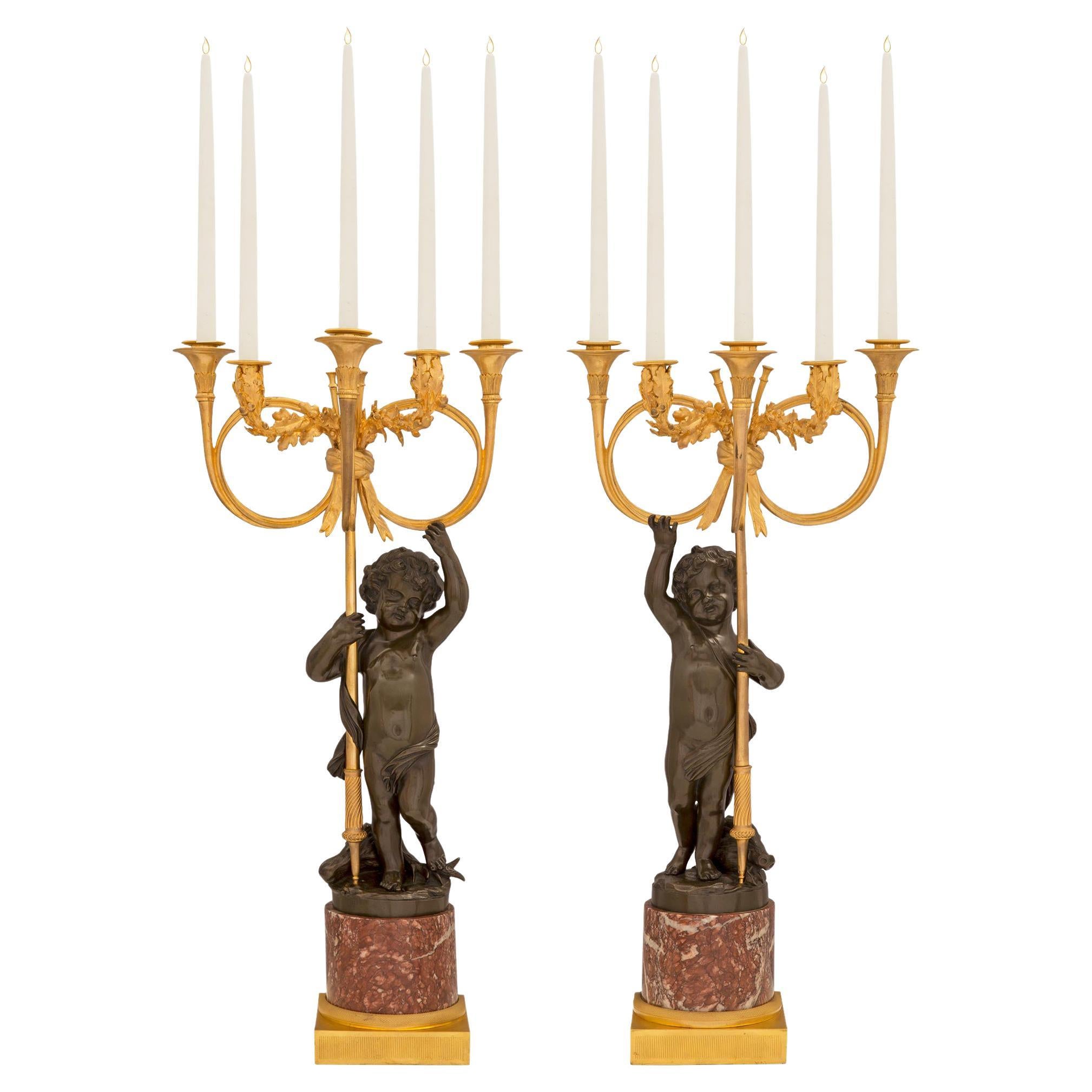 Pair of 19th Century French Louis XVI St. Bronze, Marble, and Ormolu Candelabras For Sale