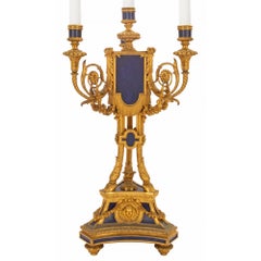 Pair of 19th Century French Louis XVI St. Ormolu and Lapis Candelabras