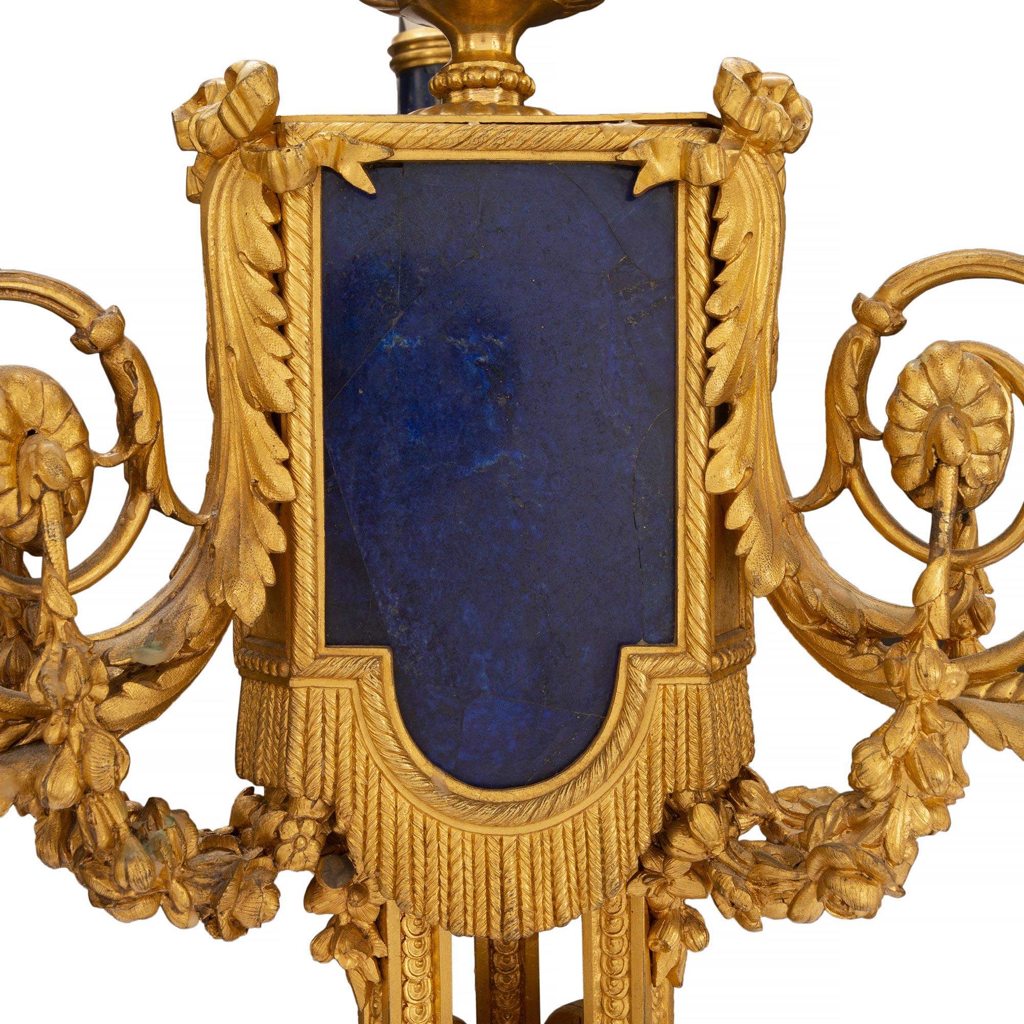 Pair of 19th Century French Louis XVI St. Ormolu and Lapis Candelabras In Good Condition For Sale In West Palm Beach, FL
