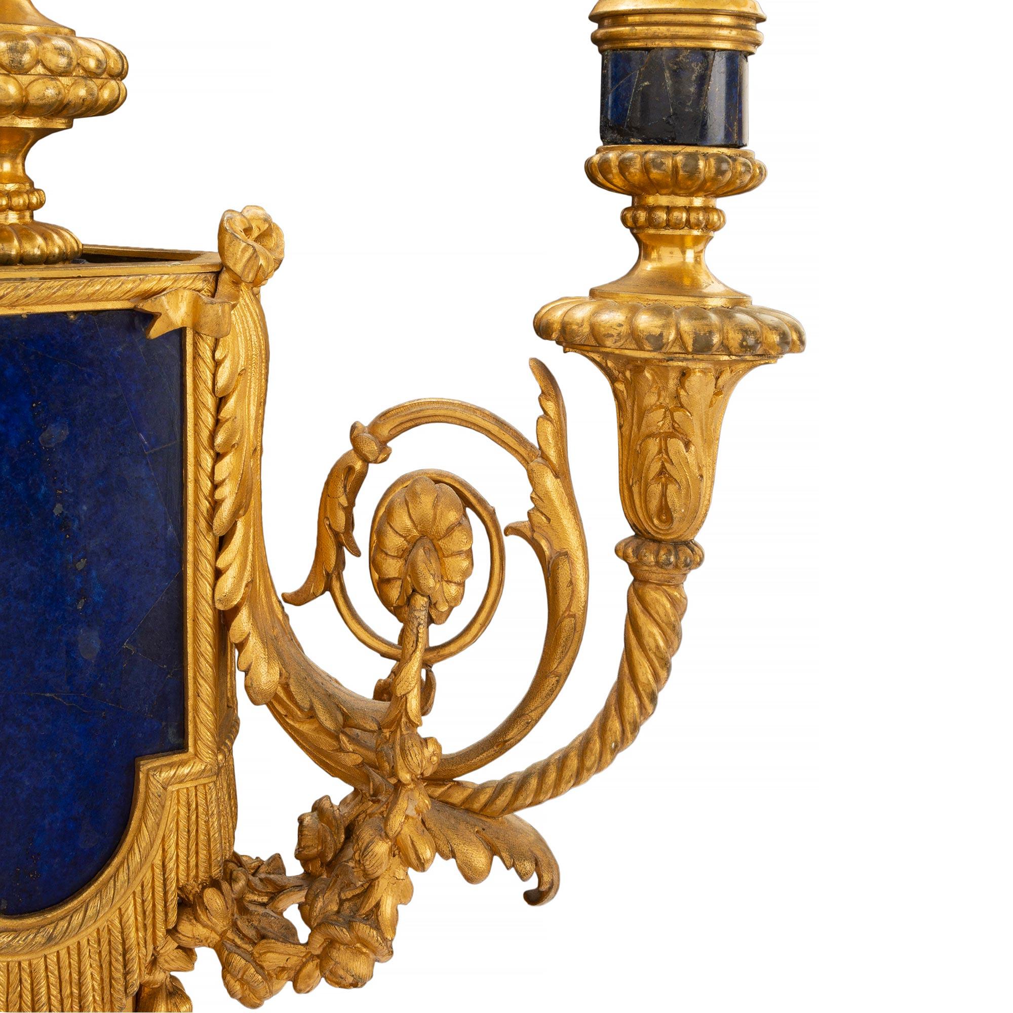 Lapis Lazuli Pair of 19th Century French Louis XVI St. Ormolu and Lapis Candelabras For Sale