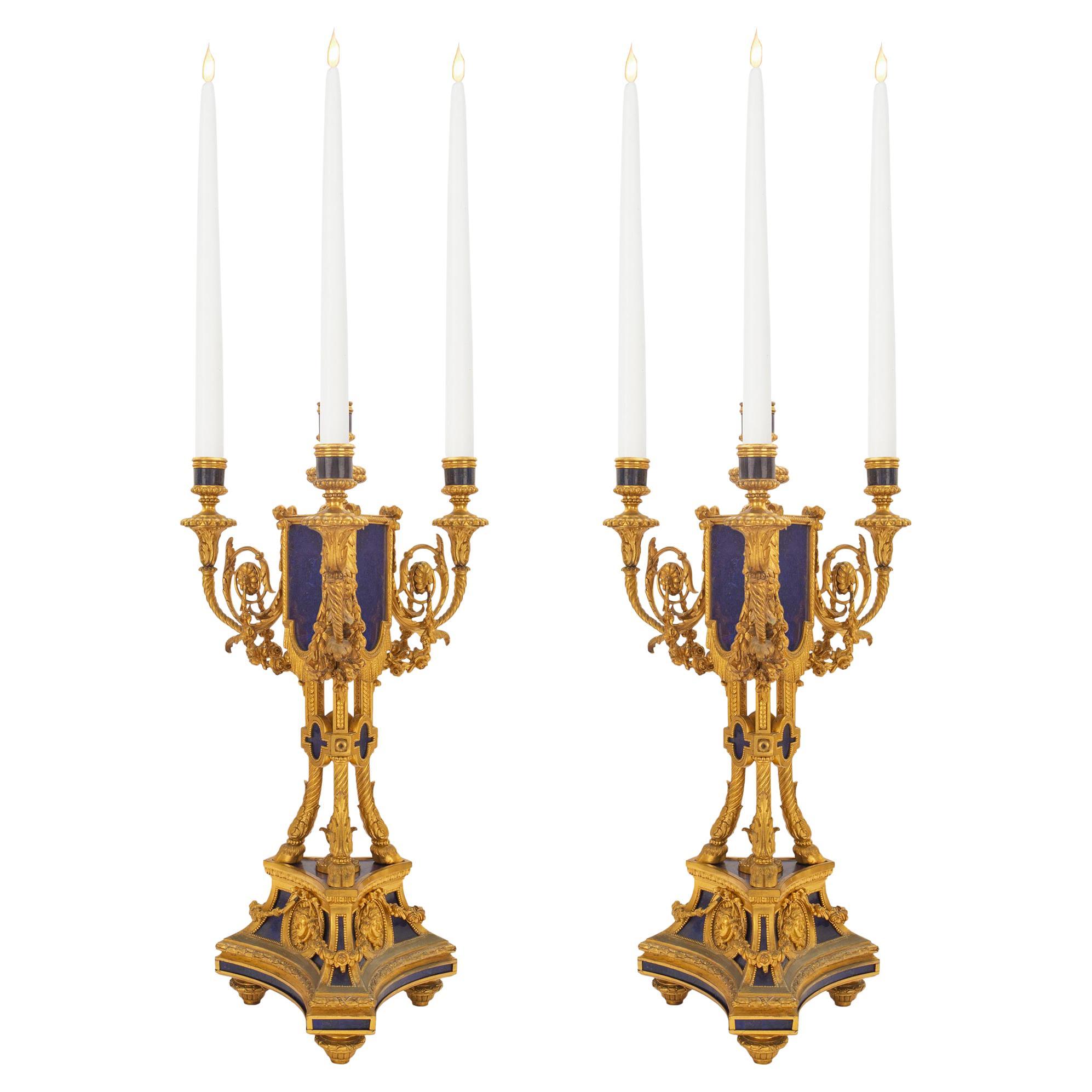 Pair of 19th Century French Louis XVI St. Ormolu and Lapis Candelabras For Sale