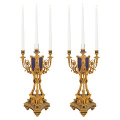 Pair of 19th Century French Louis XVI St. Ormolu and Lapis Candelabras