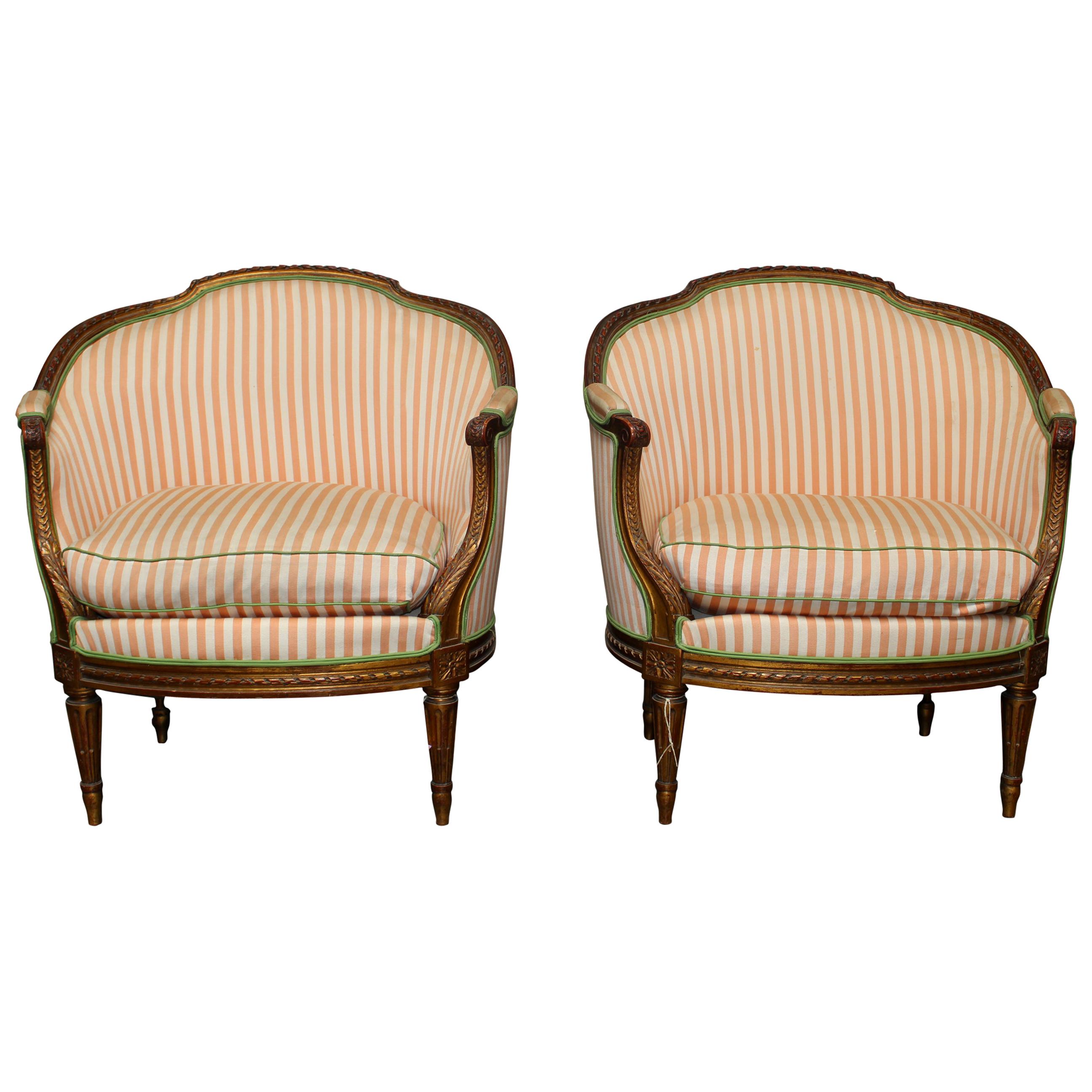 Pair of 19th Century French Louis XVI Style Armchairs with a Gold Leaf Finish