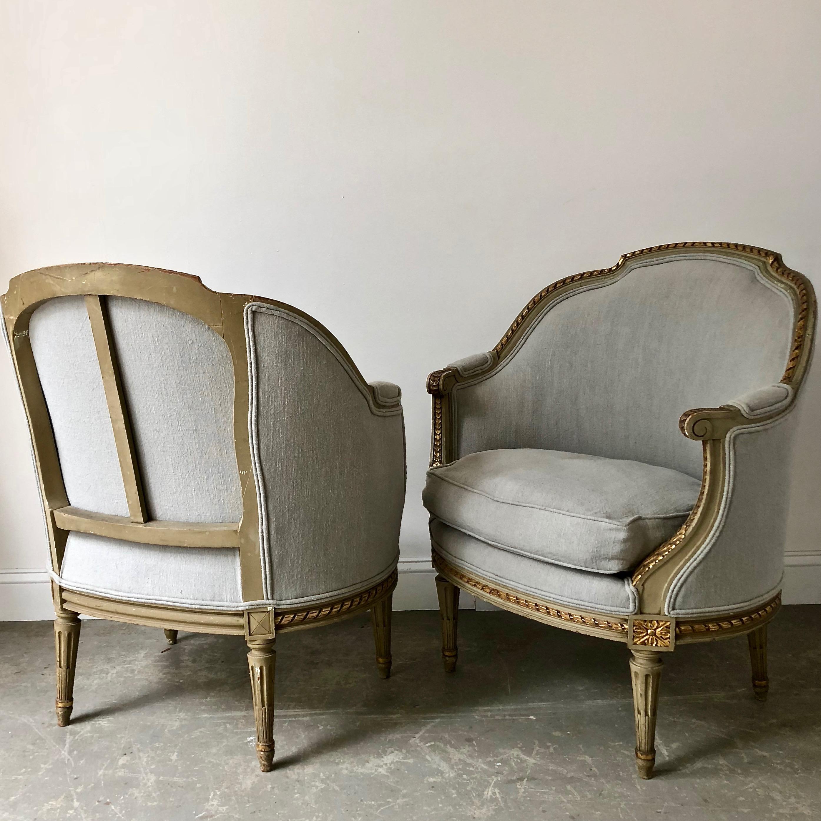 Hand-Carved Pair of 19th Century French Louis XVI Style Bergères