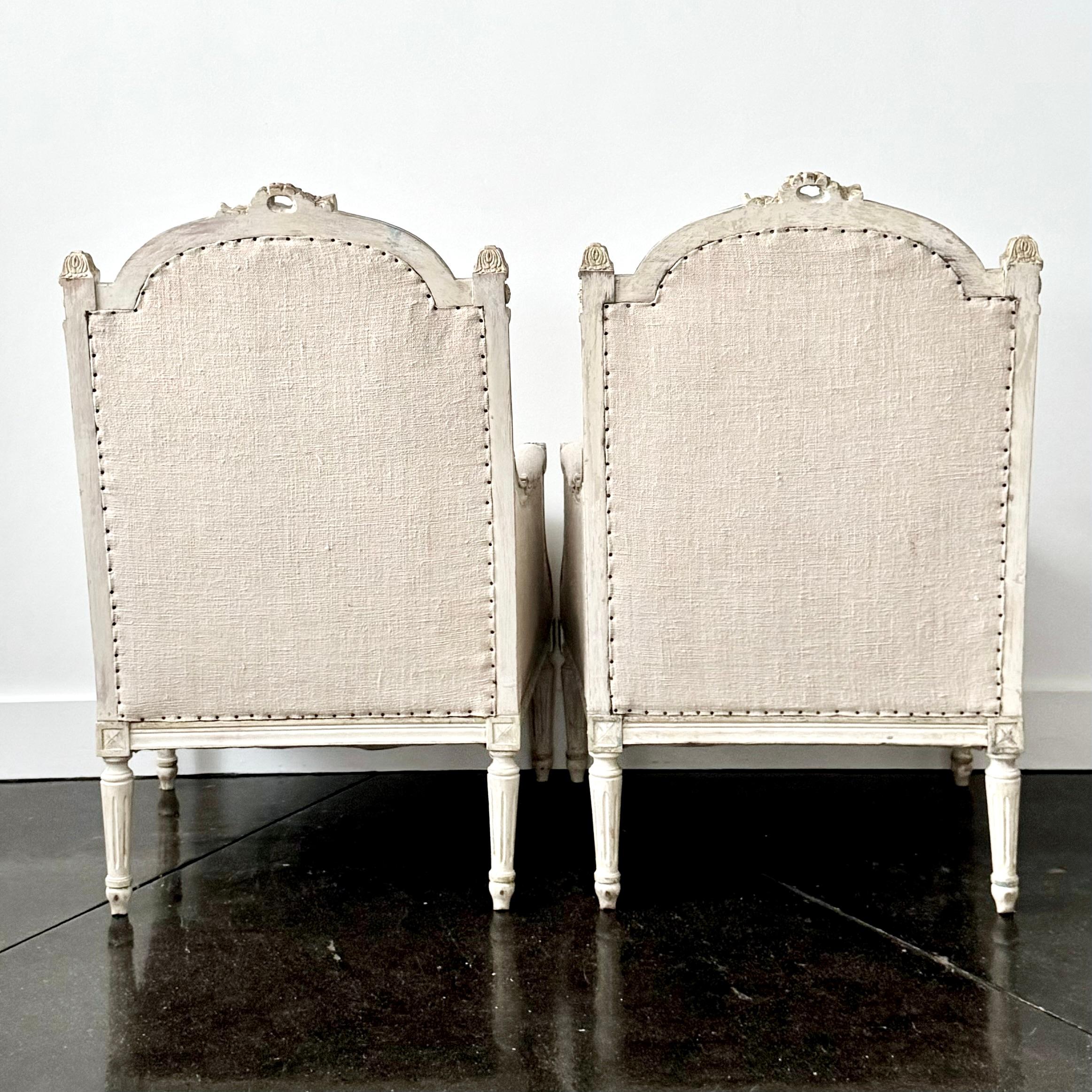 Linen Pair of 19th Century French Louis XVI Style Bergères