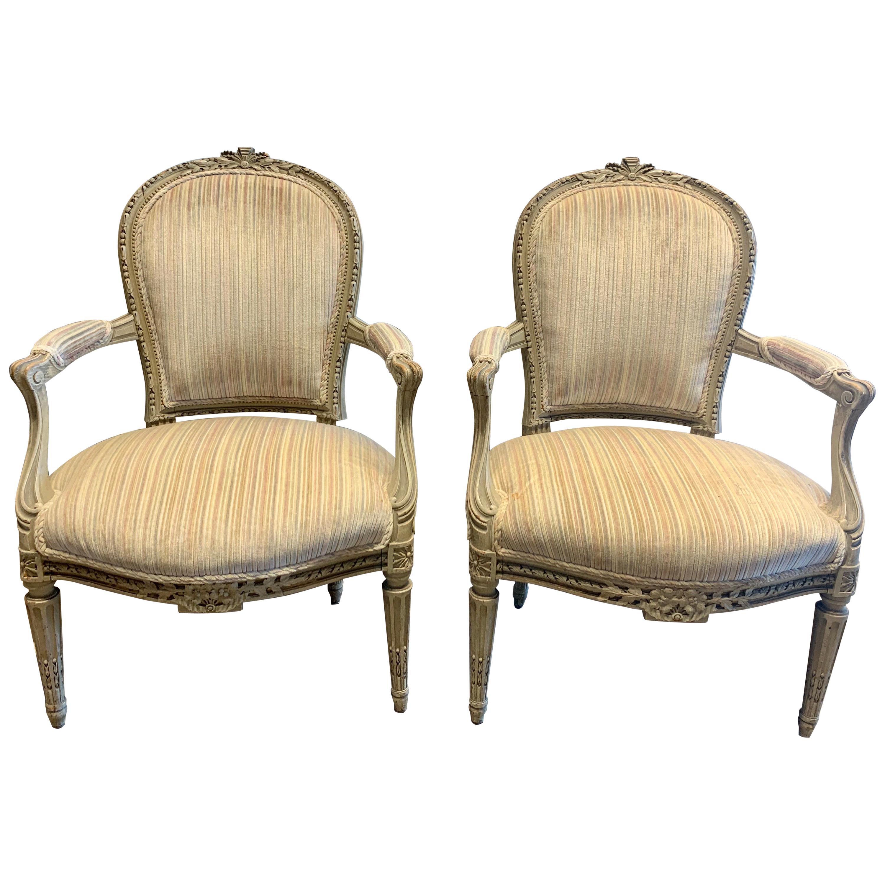 Pair of 19th Century French Louis XVI Style Carved and Painted Armchairs