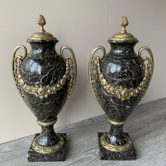 Pair of 19th Century French Louis XVI Style Cassolettes in Marble and Brass