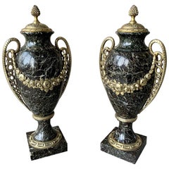 Pair of 19th Century French Louis XVI Style Cassolettes in Marble and Brass