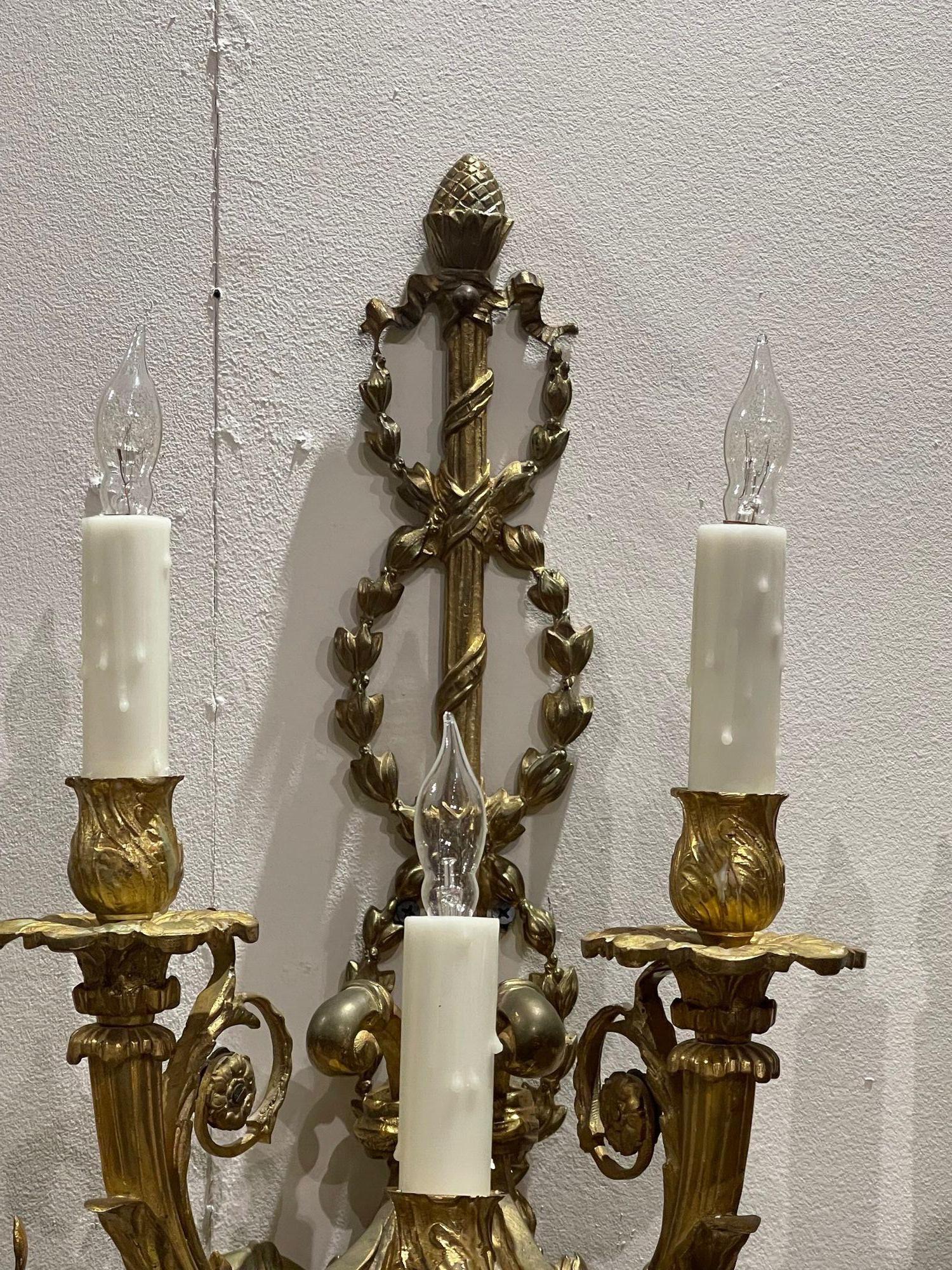 Pair of 19th Century French Louis XVI Style Gilt Bronze Wall Sconces In Good Condition For Sale In Dallas, TX