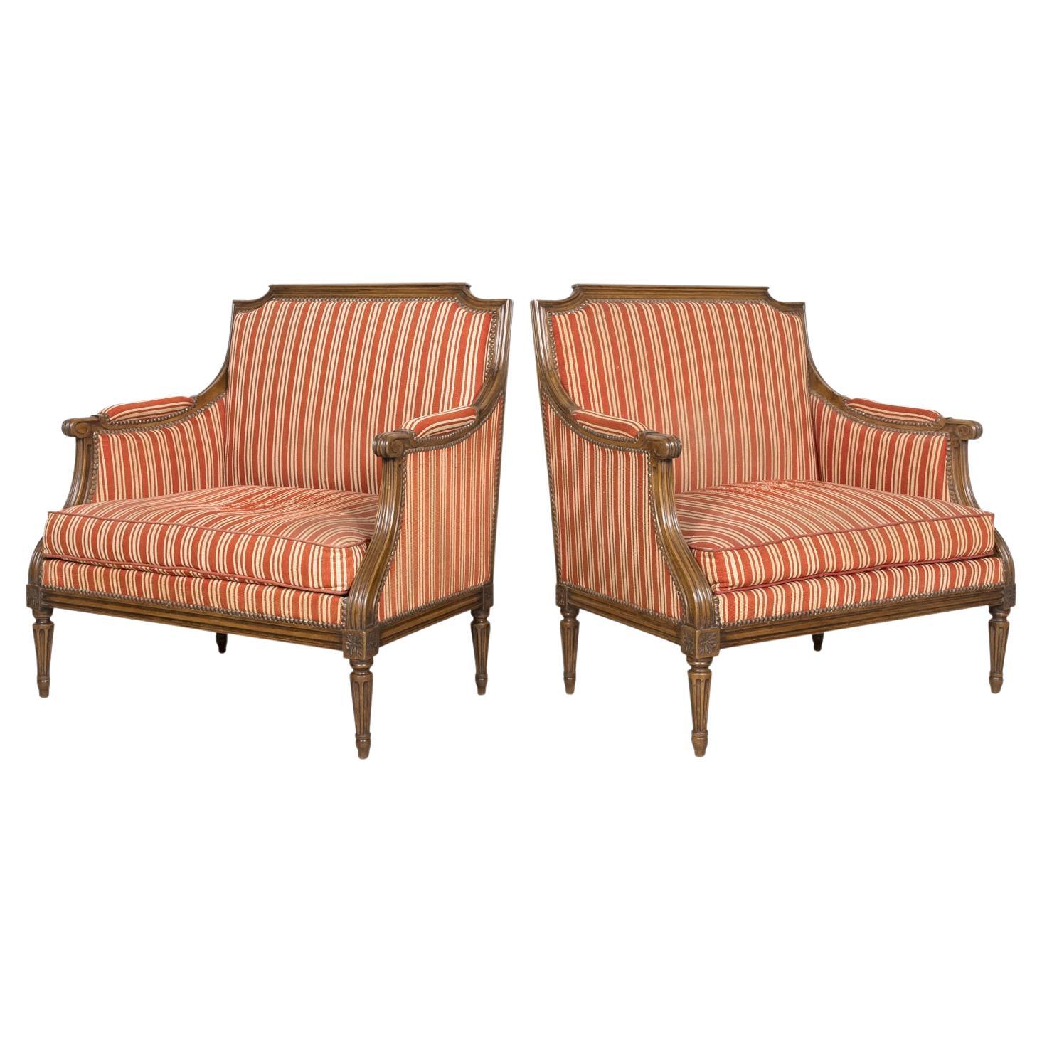 Pair of 19th Century French Louis XVI Style Oversized Bergere Marquise Armchairs For Sale