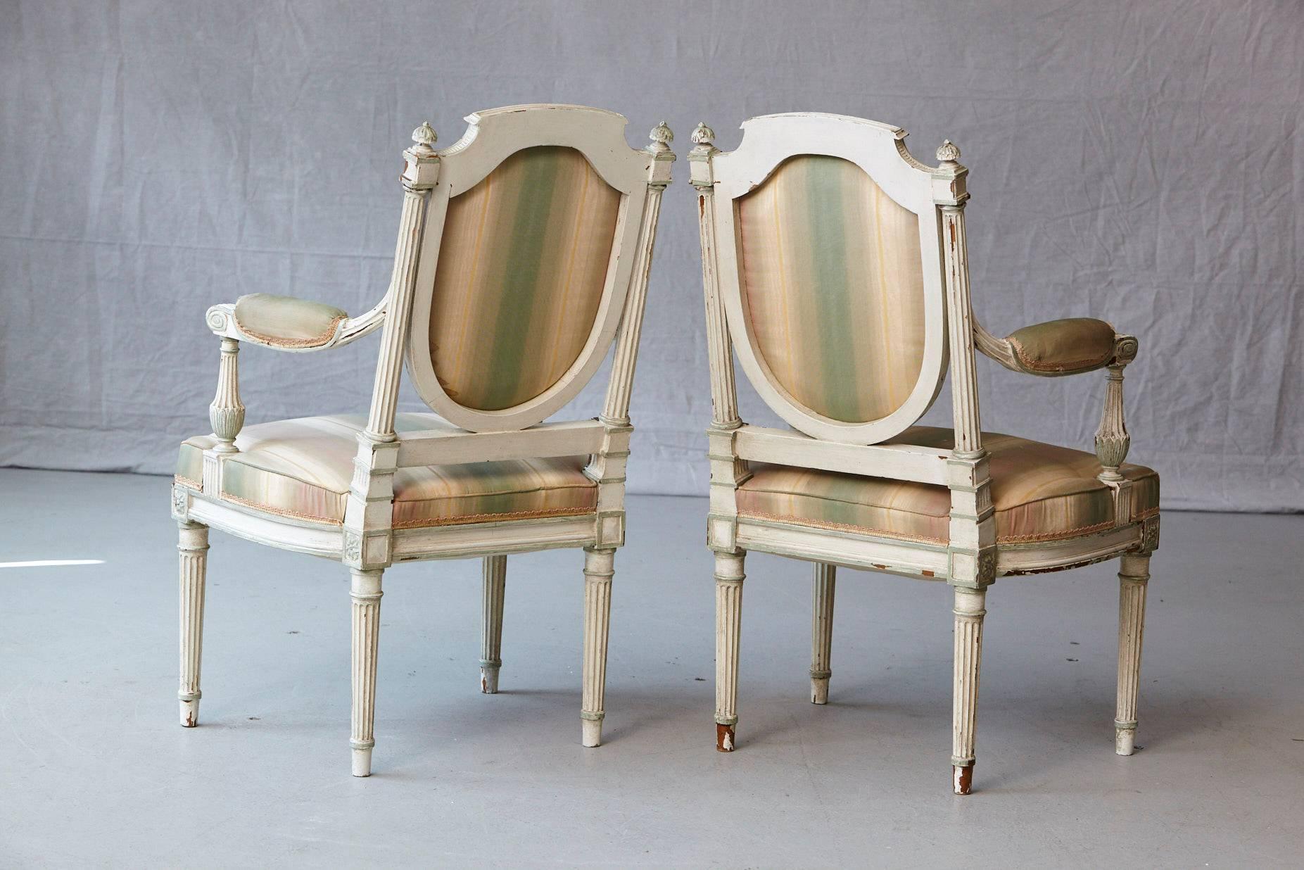 Fabric Pair of 19th Century French Louis XVI Style Painted Fauteuils For Sale